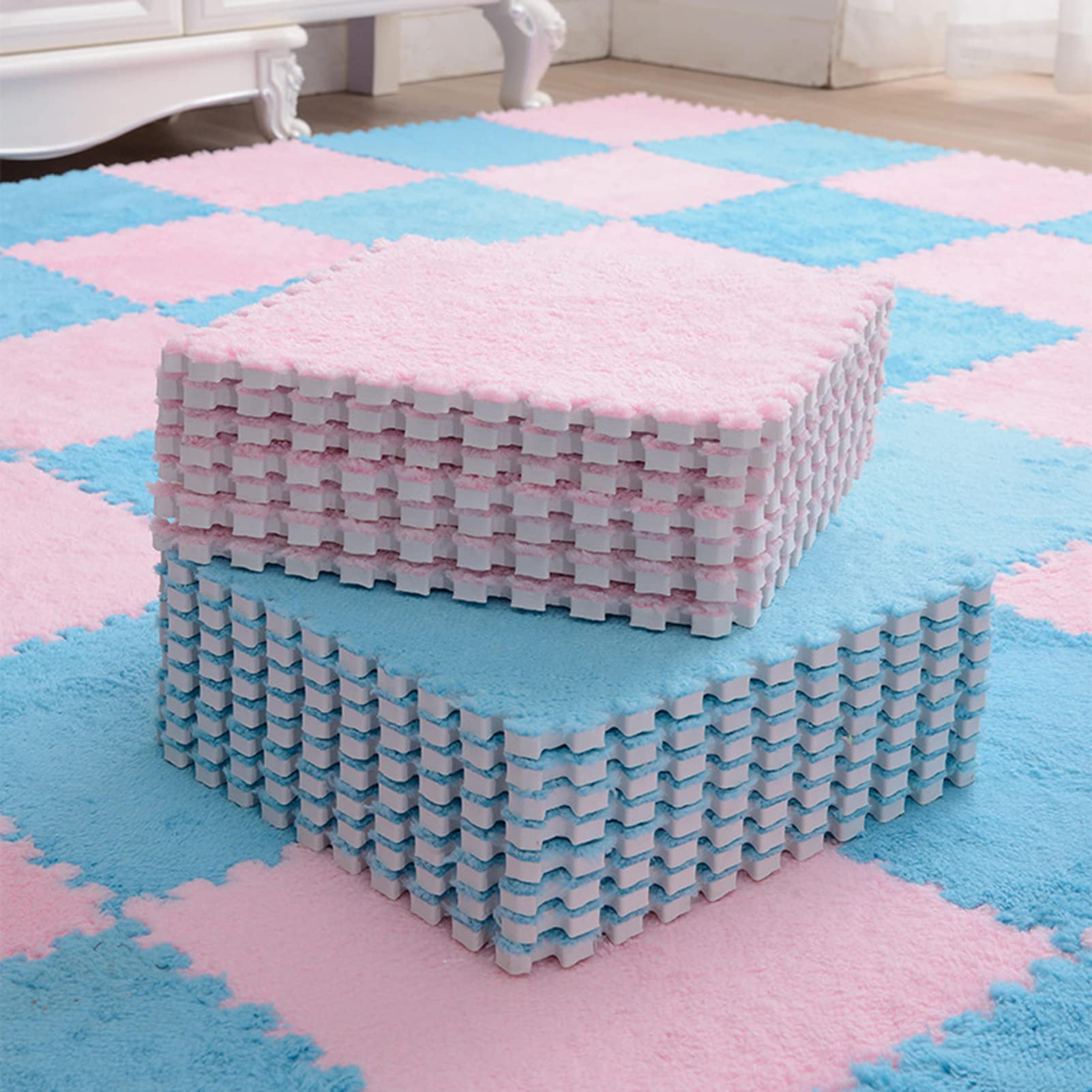 Palymats Tapis en Mousse en Peluche emboîtable 12 pièces, Dalles de Tapis en Mousse, Tapis de Jeu Puzzle 12 "x 12", Tapis Doux for l'exercice, Le Yoga, la Salle de Jeux(White+Light Blue+Gray)