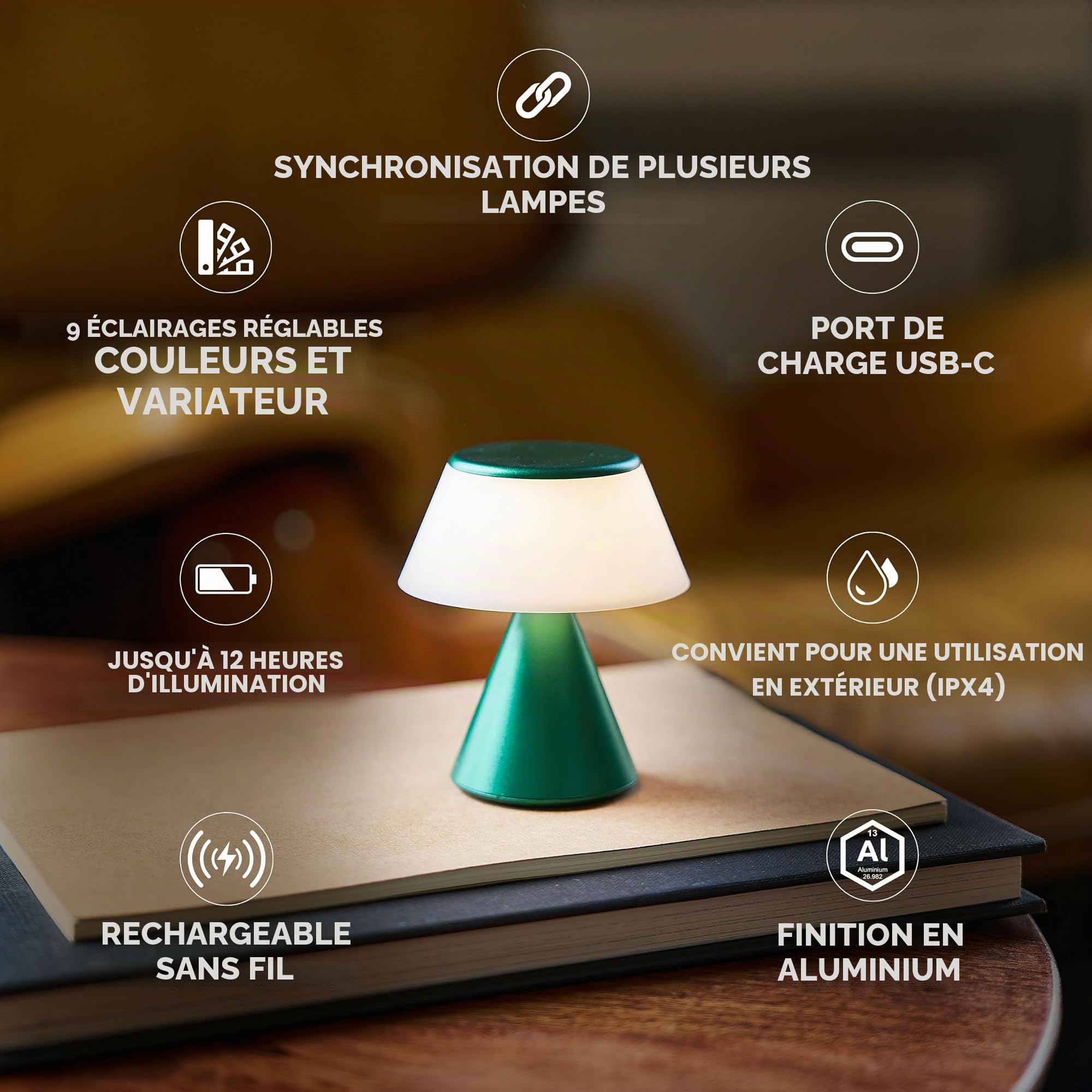 Lexon Lampe de chevet tactile LUMA S, veilleuse sans fil avec variateur d'intensité et synchronisation multi lampes, 9 couleurs LED, Rechargeable, Aluminium - Vert Sombre