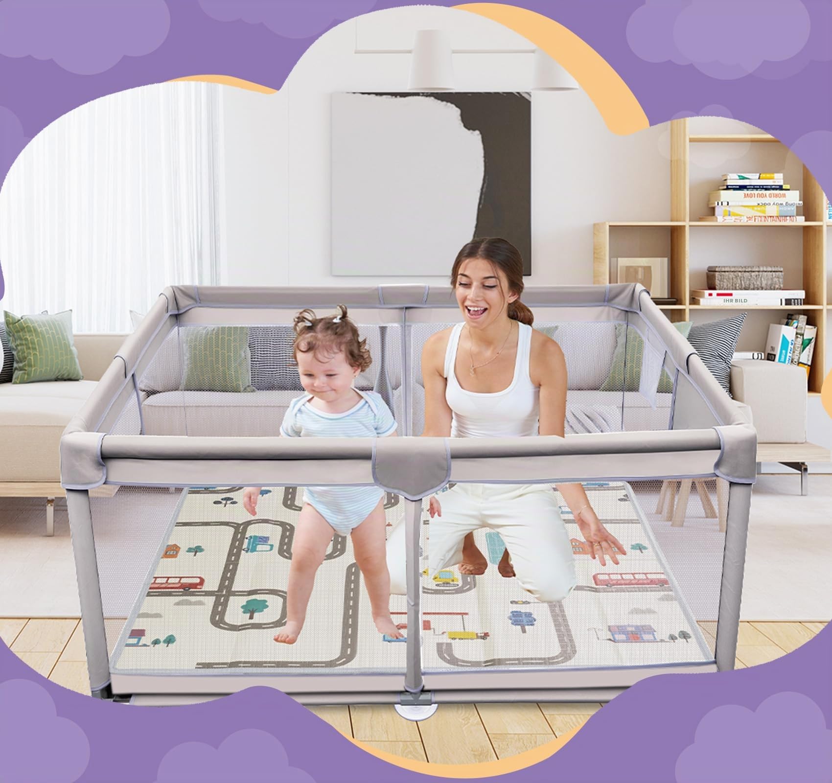 Faltbarer Baby-Laufstall 120x120 cm mit Spielmatte,Anti-Kollision Schaum Absperrgitter mit atmungsaktivem Netz–Der sichere Spielpark für Kind |Perfekter Laufgitter zum Krabbeln, Laufen & Spielen