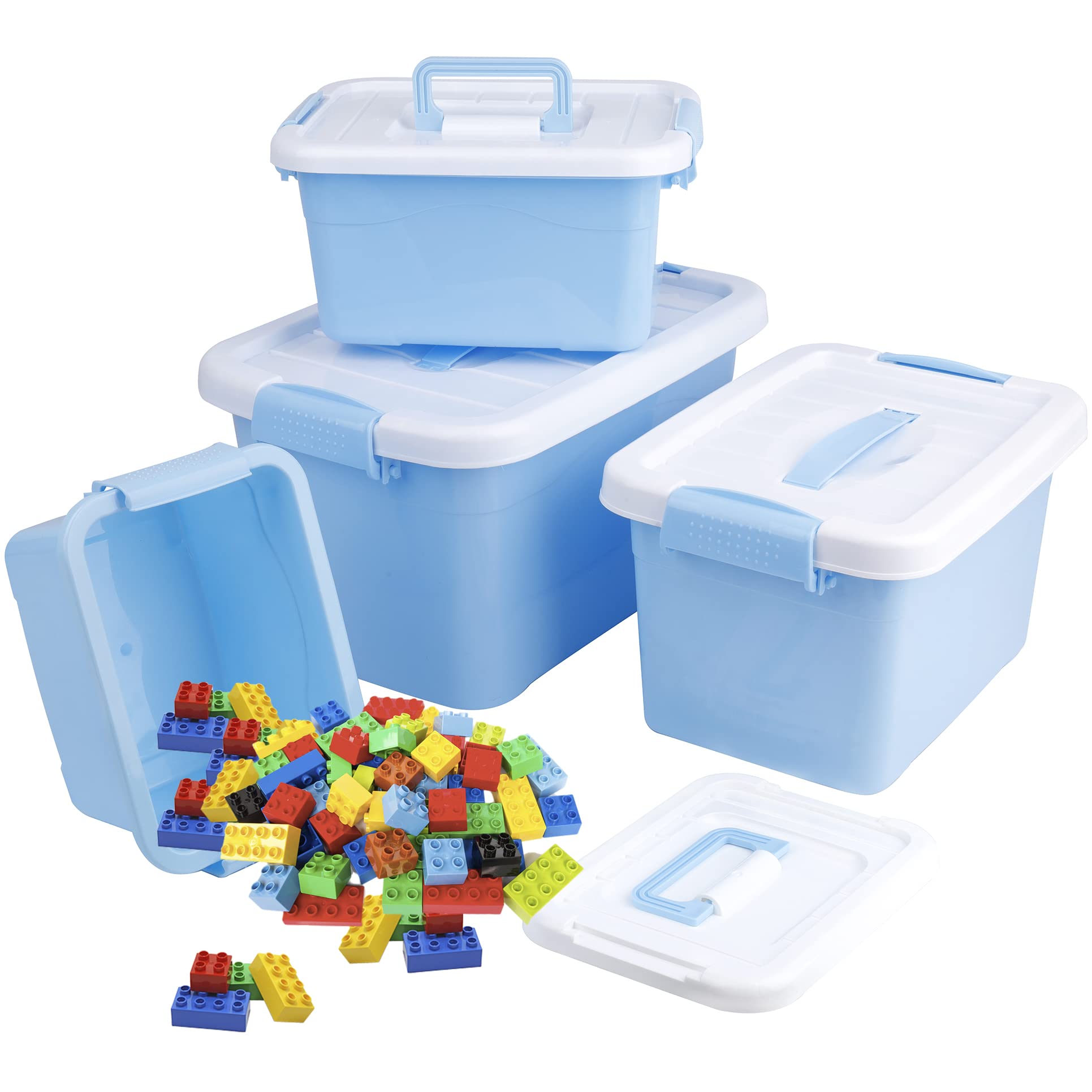 WUWEOT 4 Pack Plastic Lidded Storage Bins, Latch Boxes Storage Container, Stackable Latching Boxes with Lid and Handles for Toys Art Crafts Tools Pantry