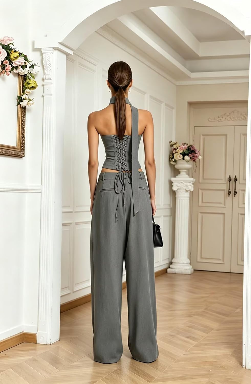 2 Pieces Business Casual Outfits for Women Tube Top Sleeveless Dressy Slim Fit Suits with Scarf