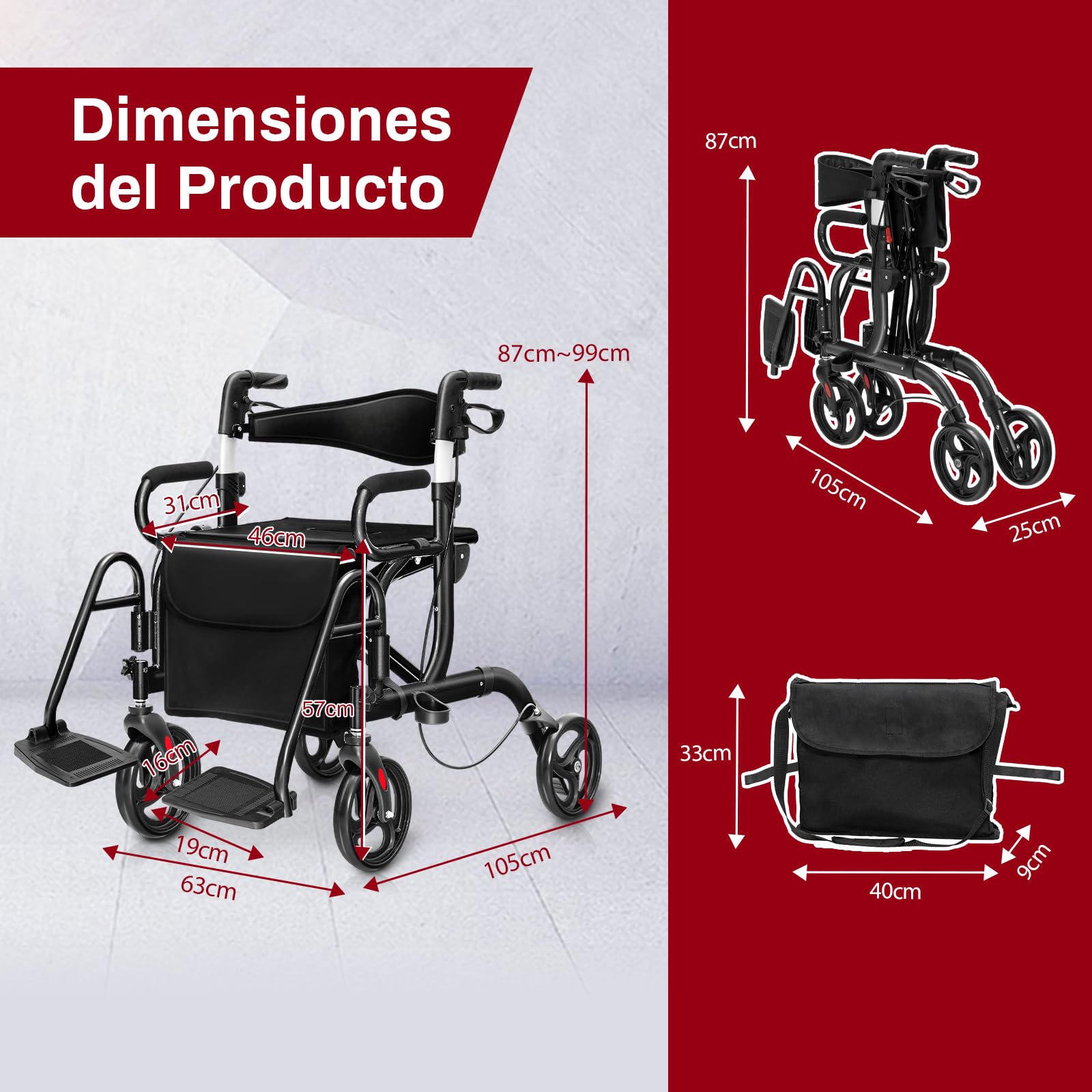 COSTWAY 2 en 1 Andador para Ancianos, Andador Plegable con Asiento, Respaldo Reversible, Mangos Ajustables, Ruedas PVC, Silla Transporte de Aluminio con Reposapiés y Bolsa Desmontable (negro)