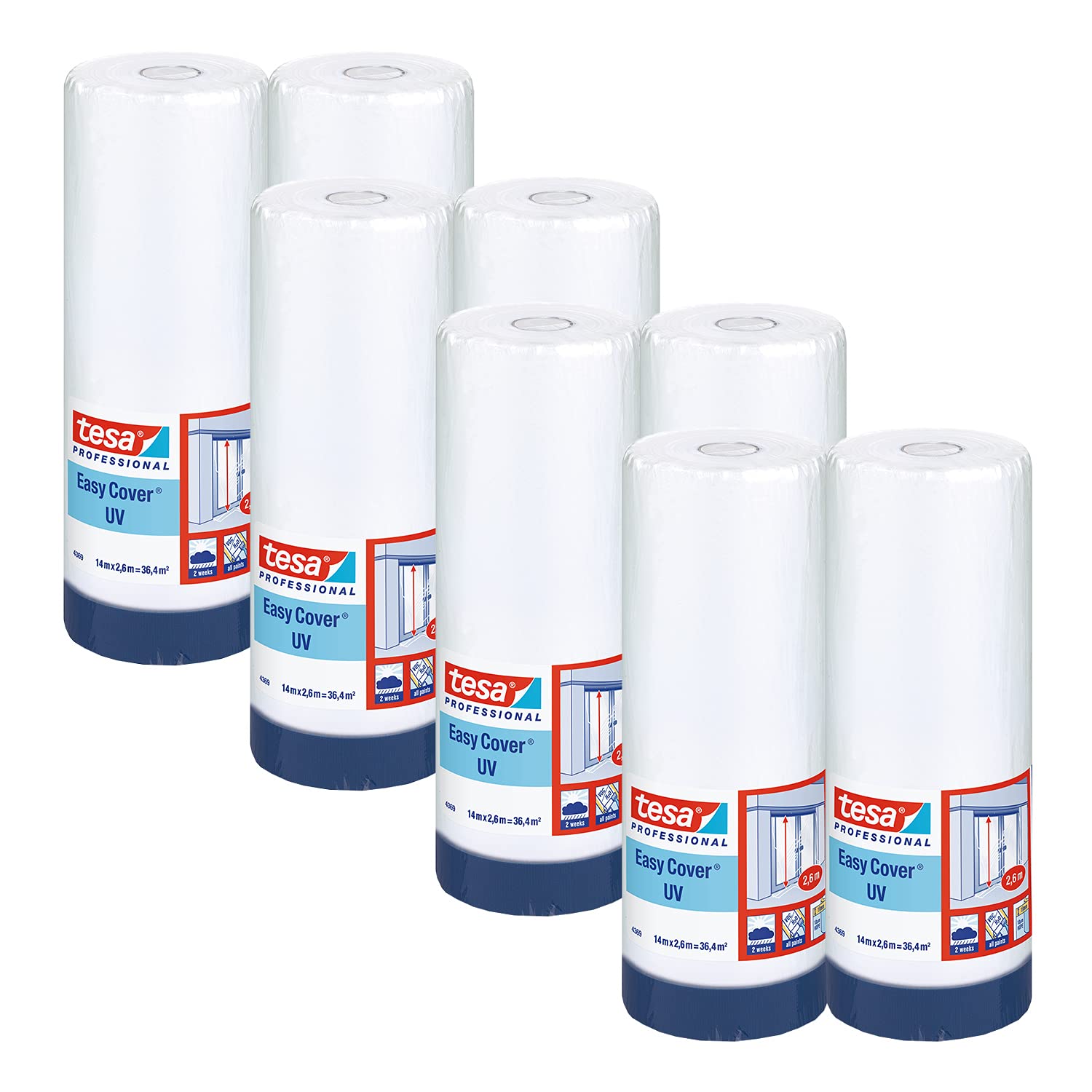 tesa Easy Cover 4369 UV - 8er Pack - Malerfolie mit Gewebeband zum Abkleben und Abdecken im Außenbereich - 2-in-1 Abklebeband mit Folie - blau, matt - je 14 m x 2,6 m