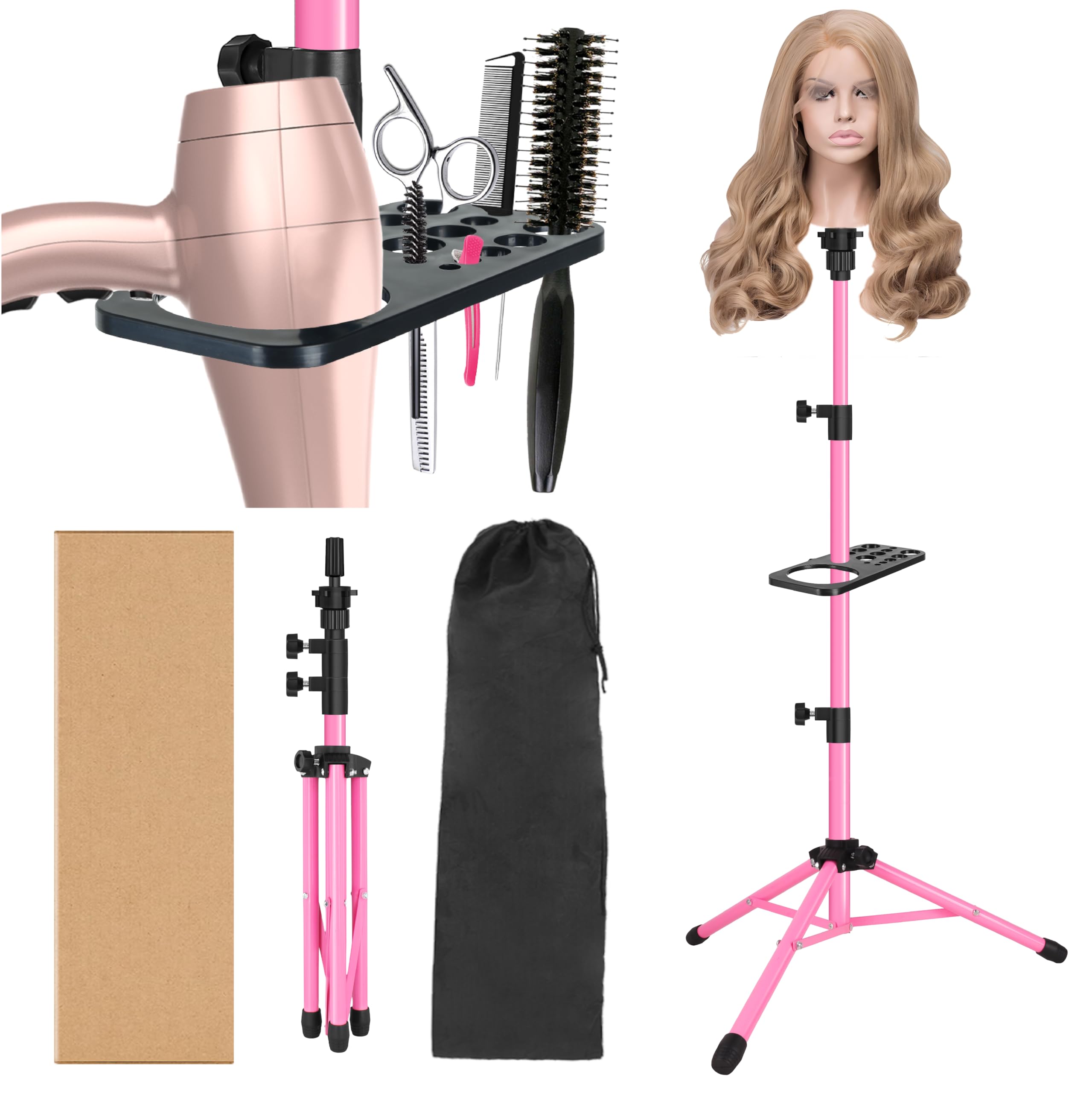 Alileader Pink 50 Inch Metal Wig Stand Tripod, Adjustable Wig Mannequin Head Stand With Tool Tray For Cosmetology Hairdressing (, Mannequin Head Not Included)
