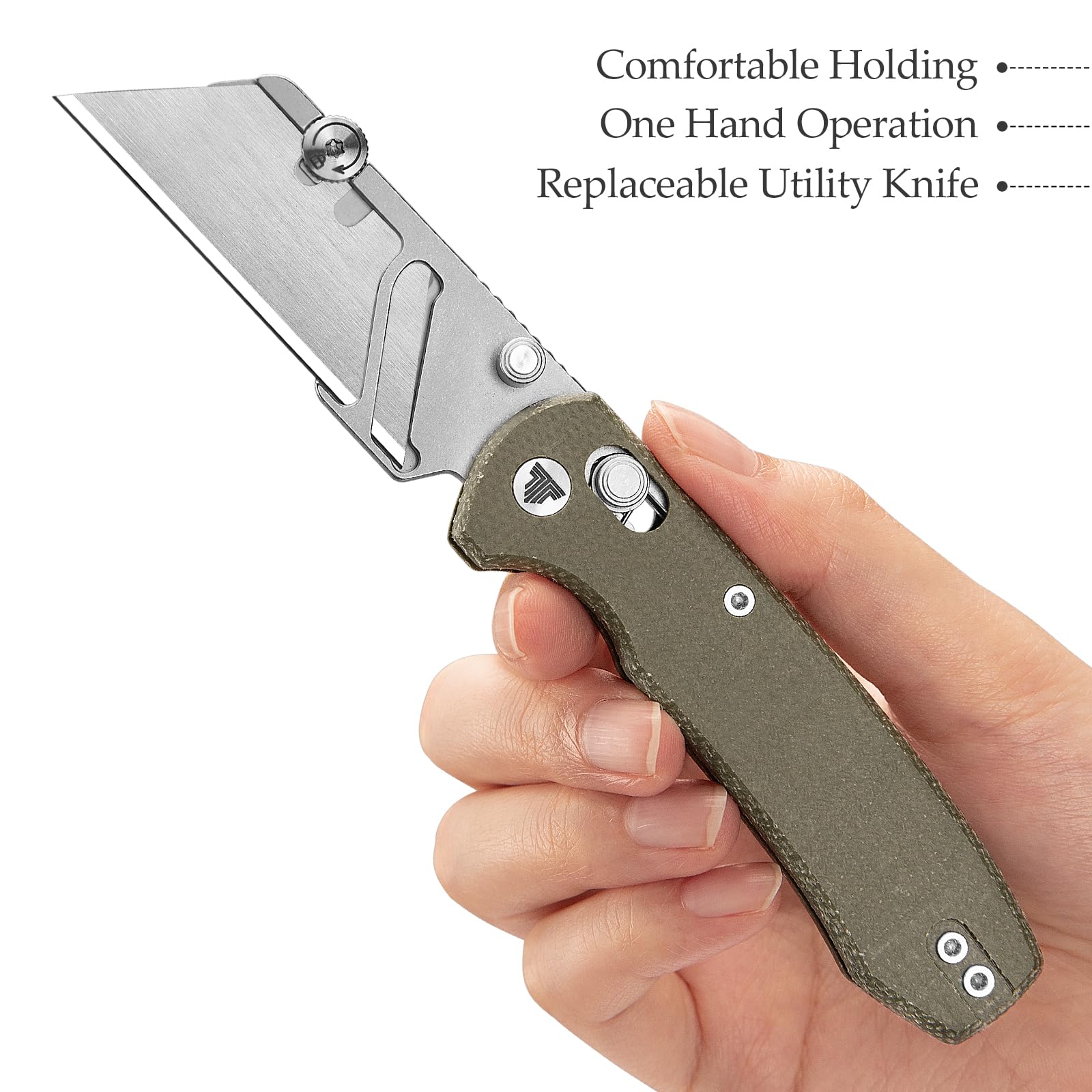 TRIVISA Klappmesser – Puppy-GM, Cuttermesser mit Schnellwechselklinge, Taschenclip, Micarta-Griff, 5 Extra-Klingen, Teppichmesser für Damen und Herren (Grün)