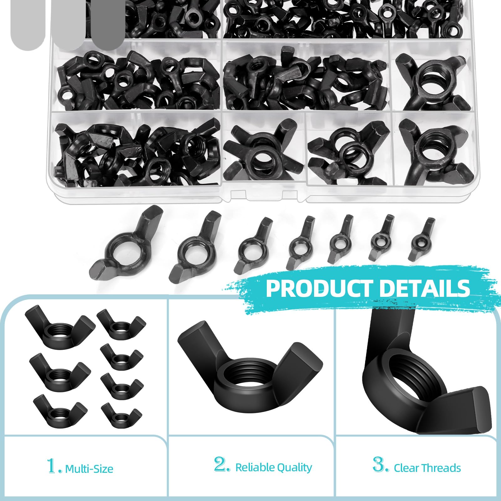 Cimeton 135PCS Wing Nuts Assortment Kits Carbon Steel M3 M4 M5 M6 M8 M10 M12 Black Butterfly Nut Wing Nuts Fasteners Wingnuts Hand Twist Tighten Ear for Home Building Industry - Image 3