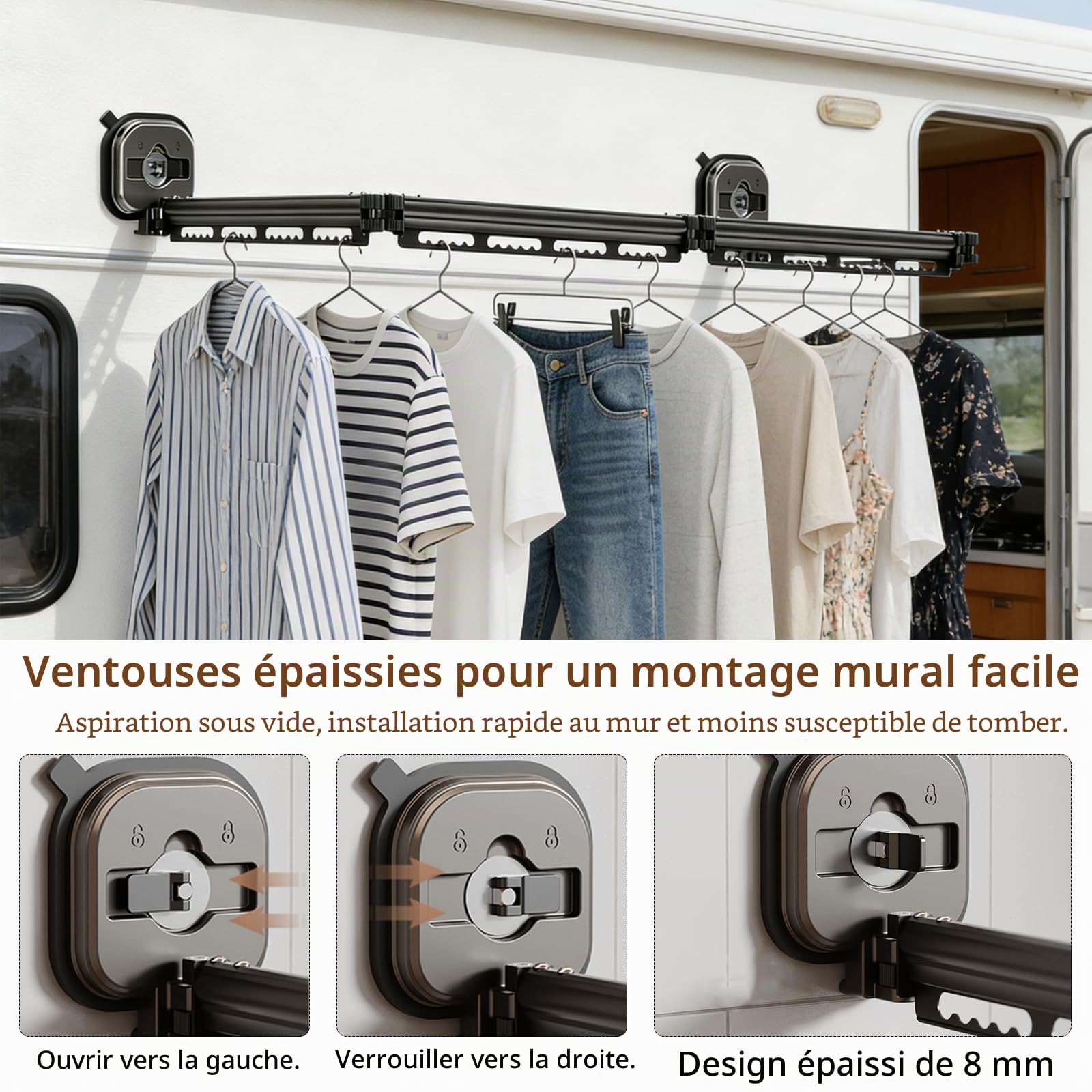 Étendoir À Linge Mural À Ventouses, Étendoir Pliable Avec Doubles Ventouses Pour Camping Car Et Caravane Porte Vêtements Sans Perçage Gain De Place Pour Salle De Bain Balcon Intérieur Extérieur