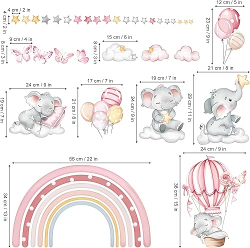 Miniatura 4 de decalmile Pegatinas de pared de elefante arcoíris rosa, globo aerostático, animales, nubes, estrellas, calcomanías de pared para bebé, guardería,
