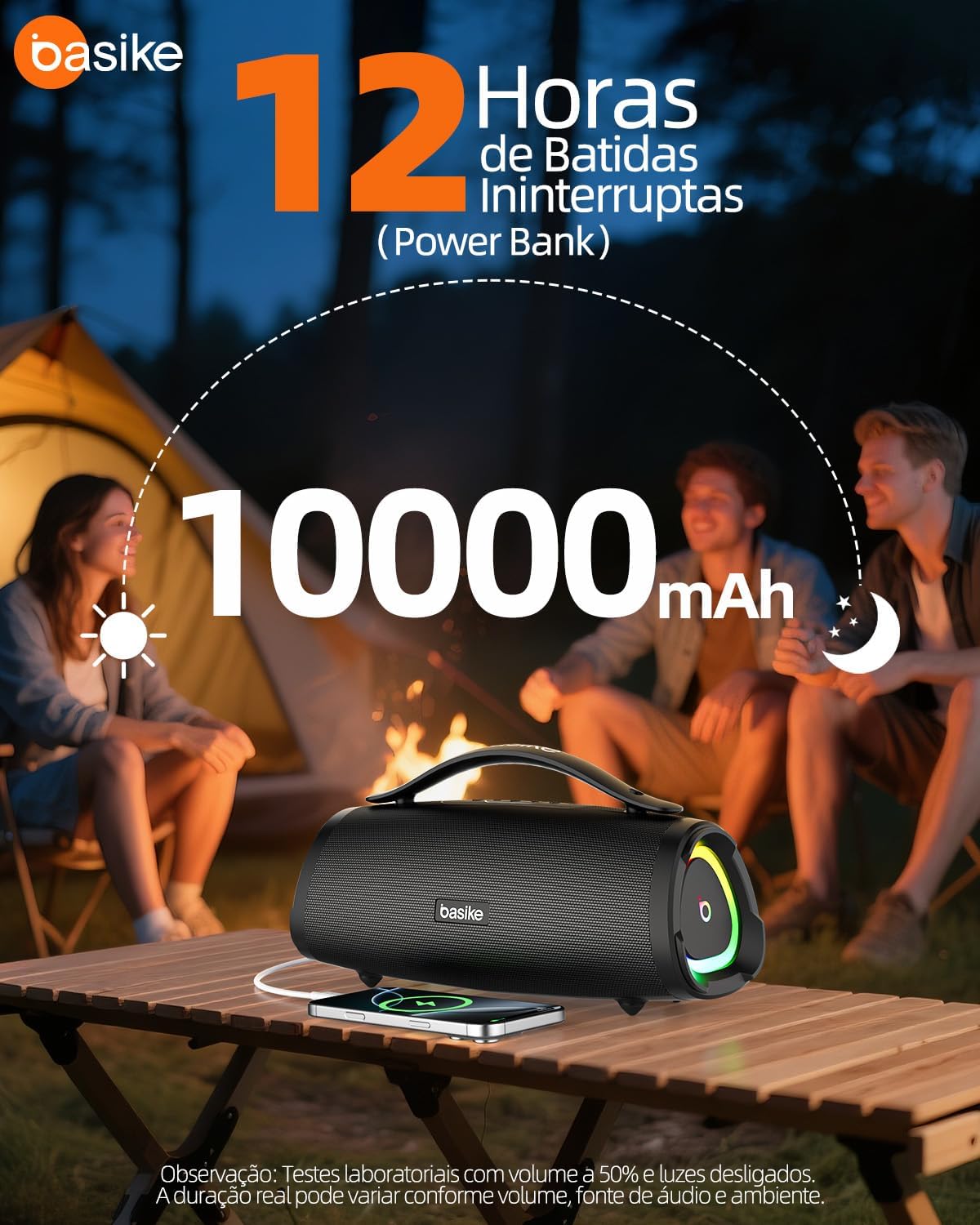 Basike Ba-RAD289 speaker charging a smartphone, highlighting 10000mAh battery and power bank function