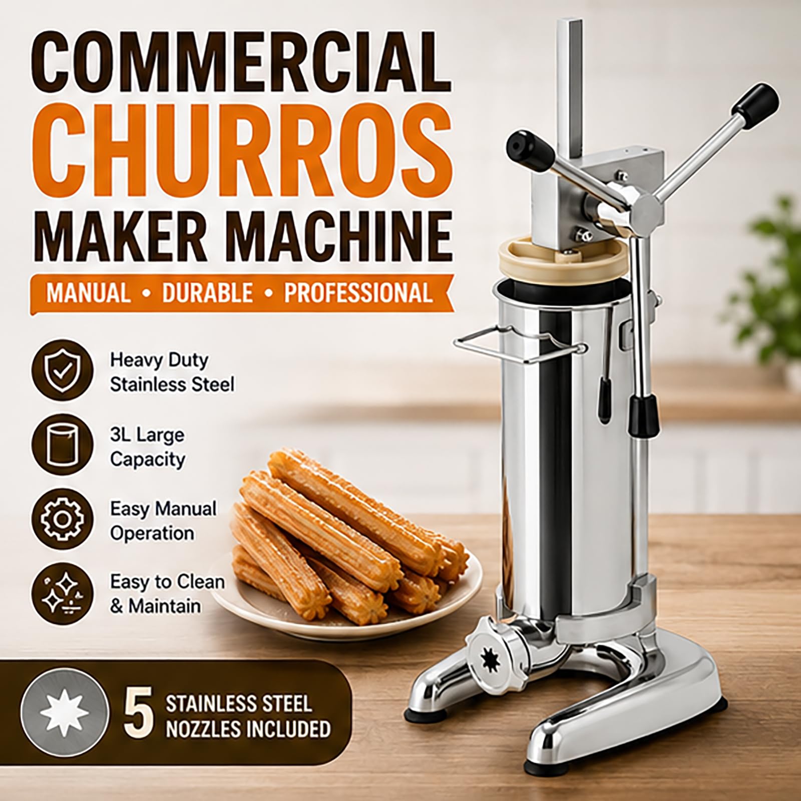 Máquina Comercial Para Hacer Churros Con 5 Boquillas De Alta Resistencia, Acero Inoxidable, Capacidad 2 L/3 L, Para Y Relleno