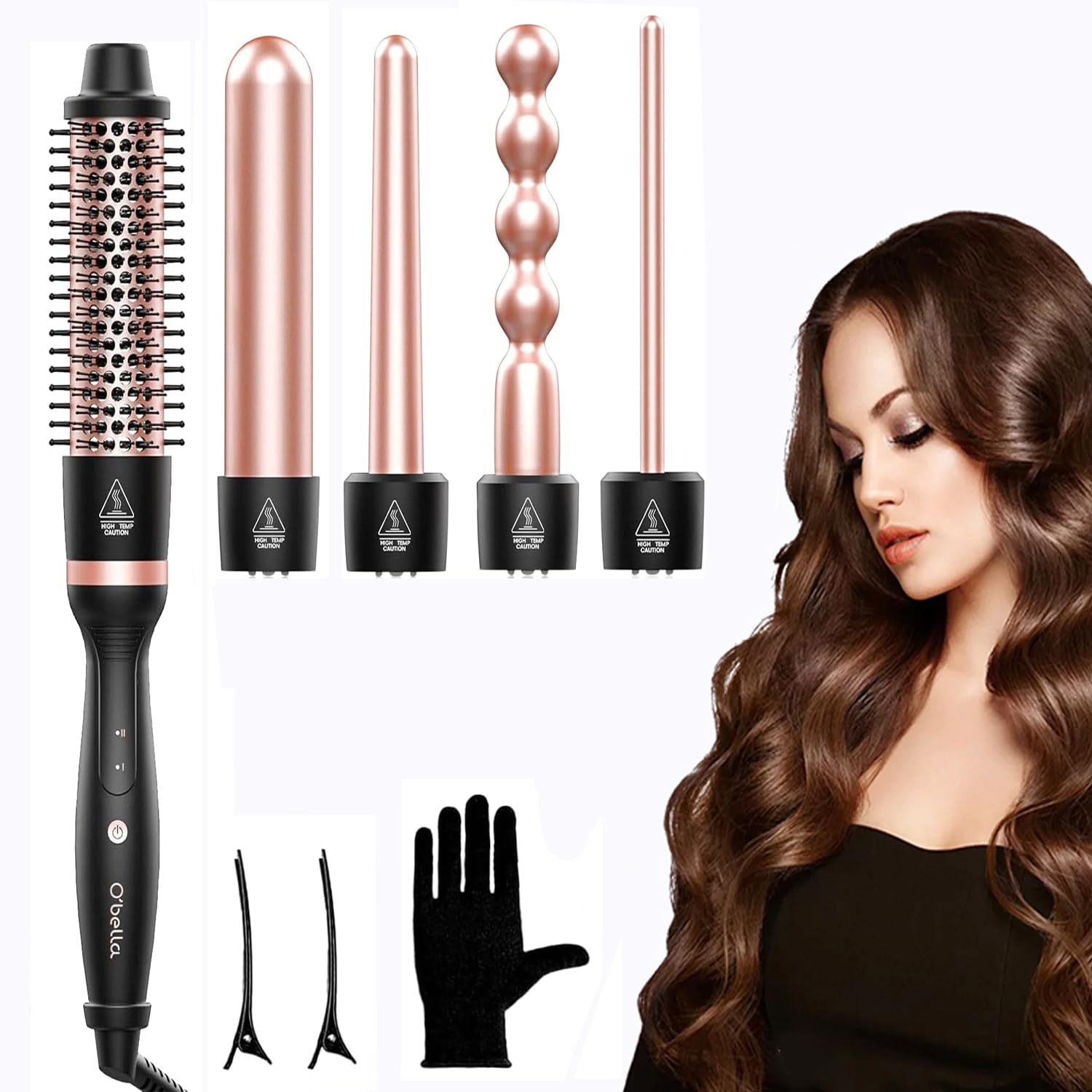 Obella 5 in 1 Wand Curling Iron Set Curling Iron Set with Thermal Brush 4 Interchangeable Ceramic Curling