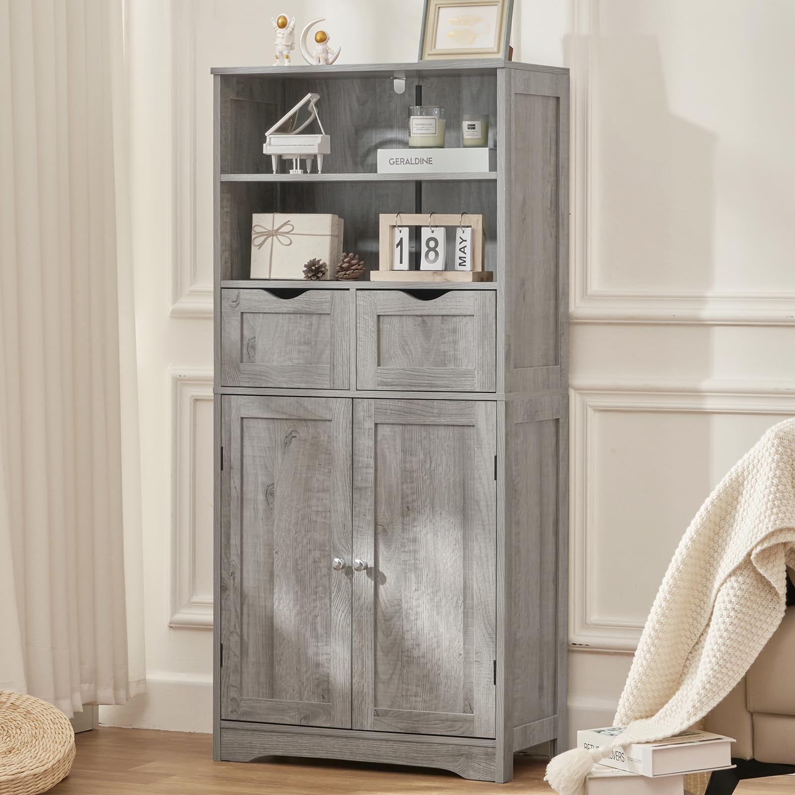 Armario de almacenamiento alto con 2 cajones y estante ajustable, armario de baño con puertas, armario, armarios de cocina para sala de estar, comedor, entrada, gris 5