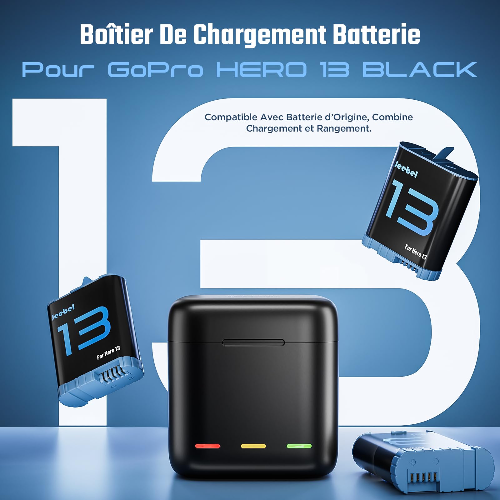 Jeebel Chargeur de batterie pour GoPro Hero 13 Black - Chargeur 3 canaux rapide 2,4 A USB-C - Compatible GoPro Hero 13 Black