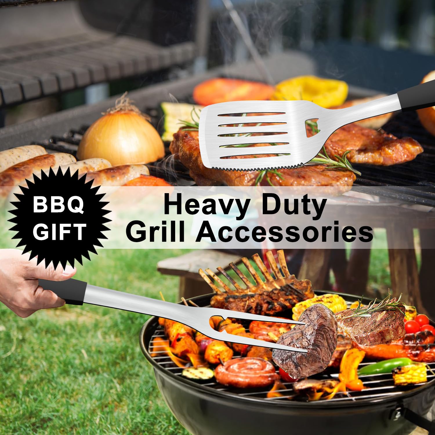 POTWIY - Herramientas para parrilla de acero inoxidable de 15.8 pulgadas, juego de espátula y tenedor para barbacoa, 2 piezas 19
