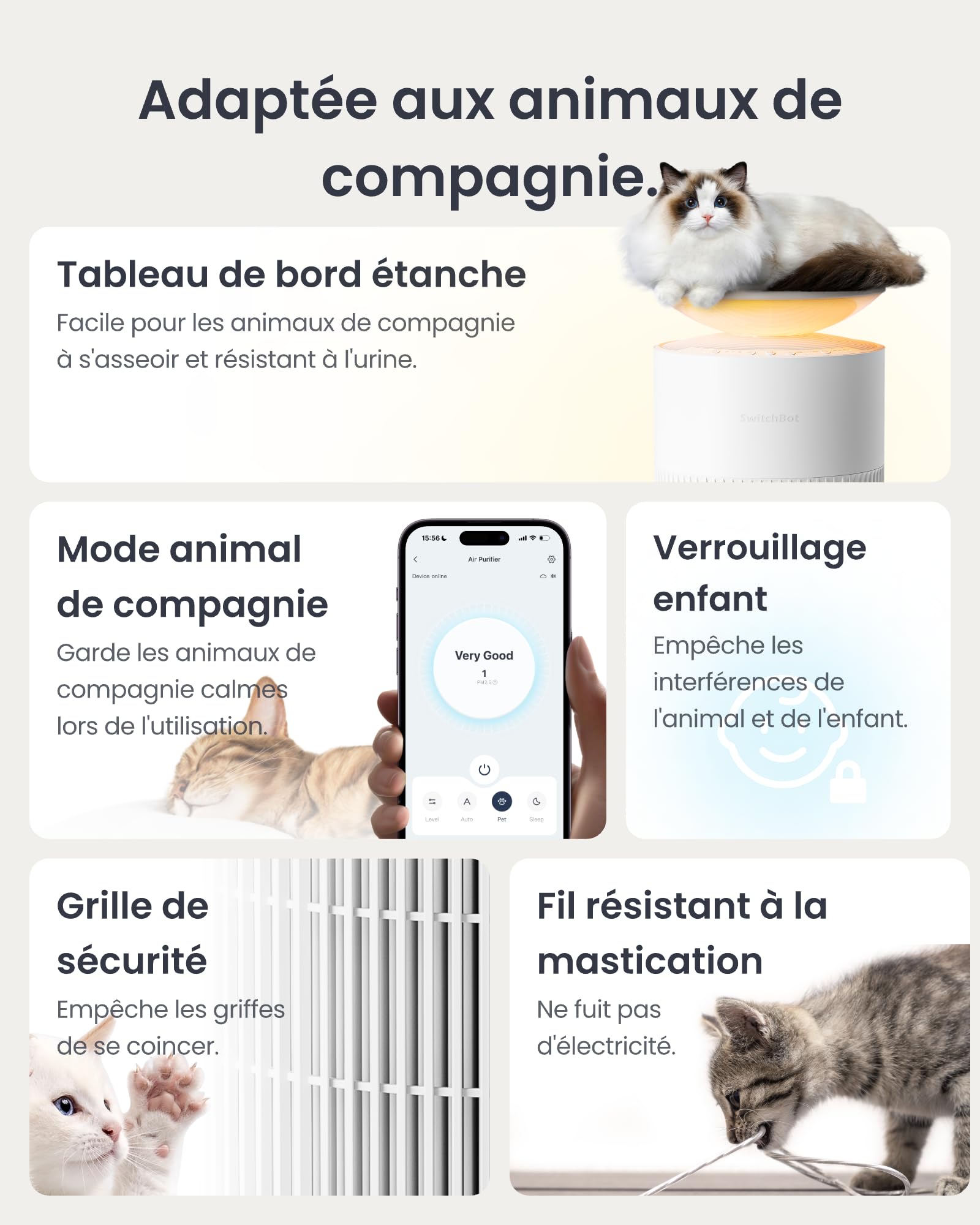 SwitchBot Purificateur D'air Avec Application Et Veilleuse, CADR 400m³/h, Jusqu'à 83㎡, Filtre HEPA Élimine 99.97% Moisissures Poussières, Mode Sommeil 20dB, Blanc Standard