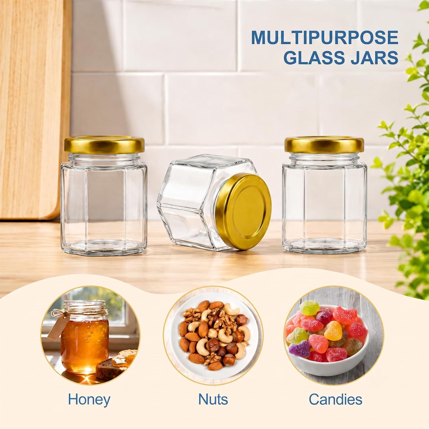 60 Pack Hexagon Glass Jars with Gold Lids, 2.9 oz Mini Honey Jars