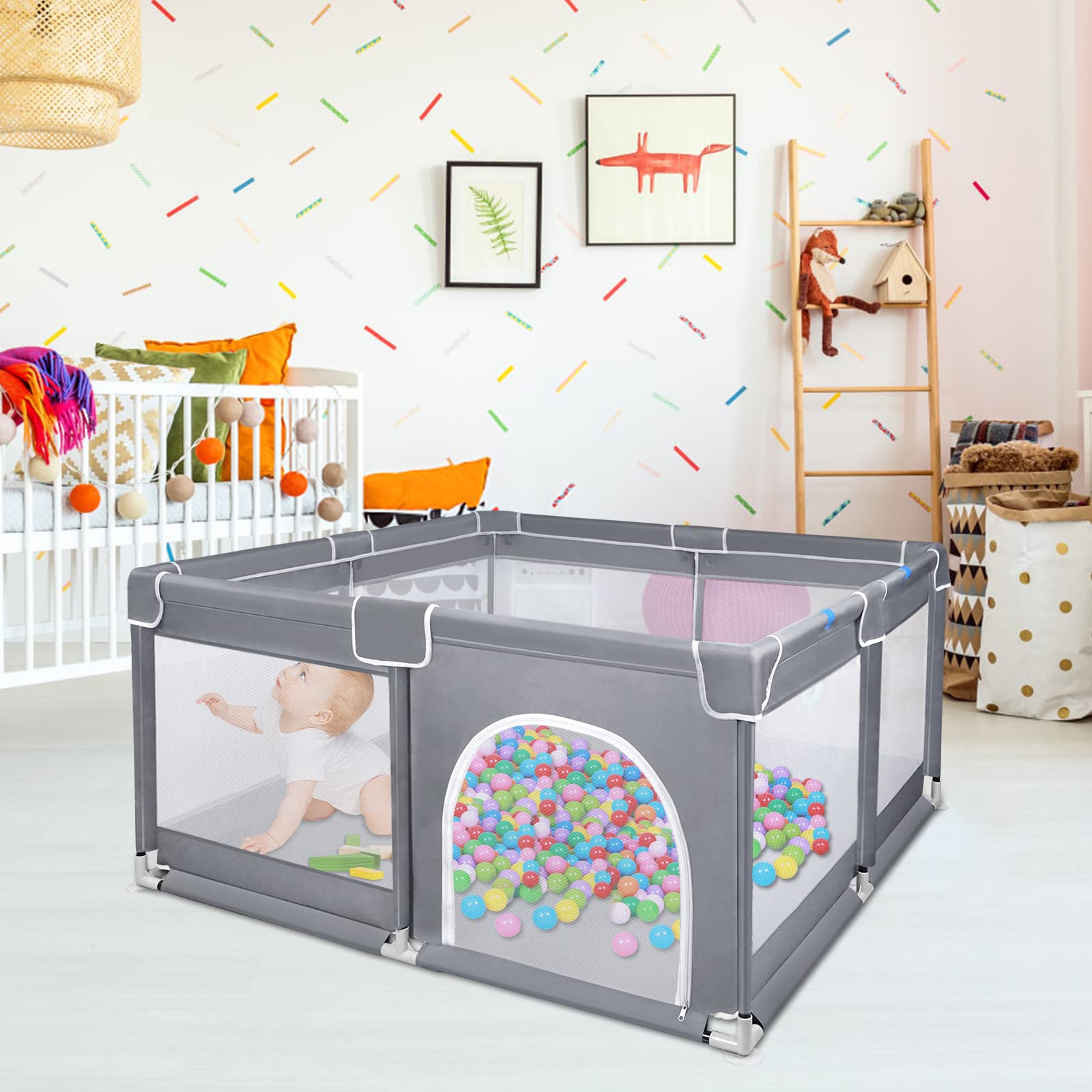 Aufun Parque de juegos para bebés, barrera de seguridad, para niños, gris oscuro (127 x 127 x 68 cm)