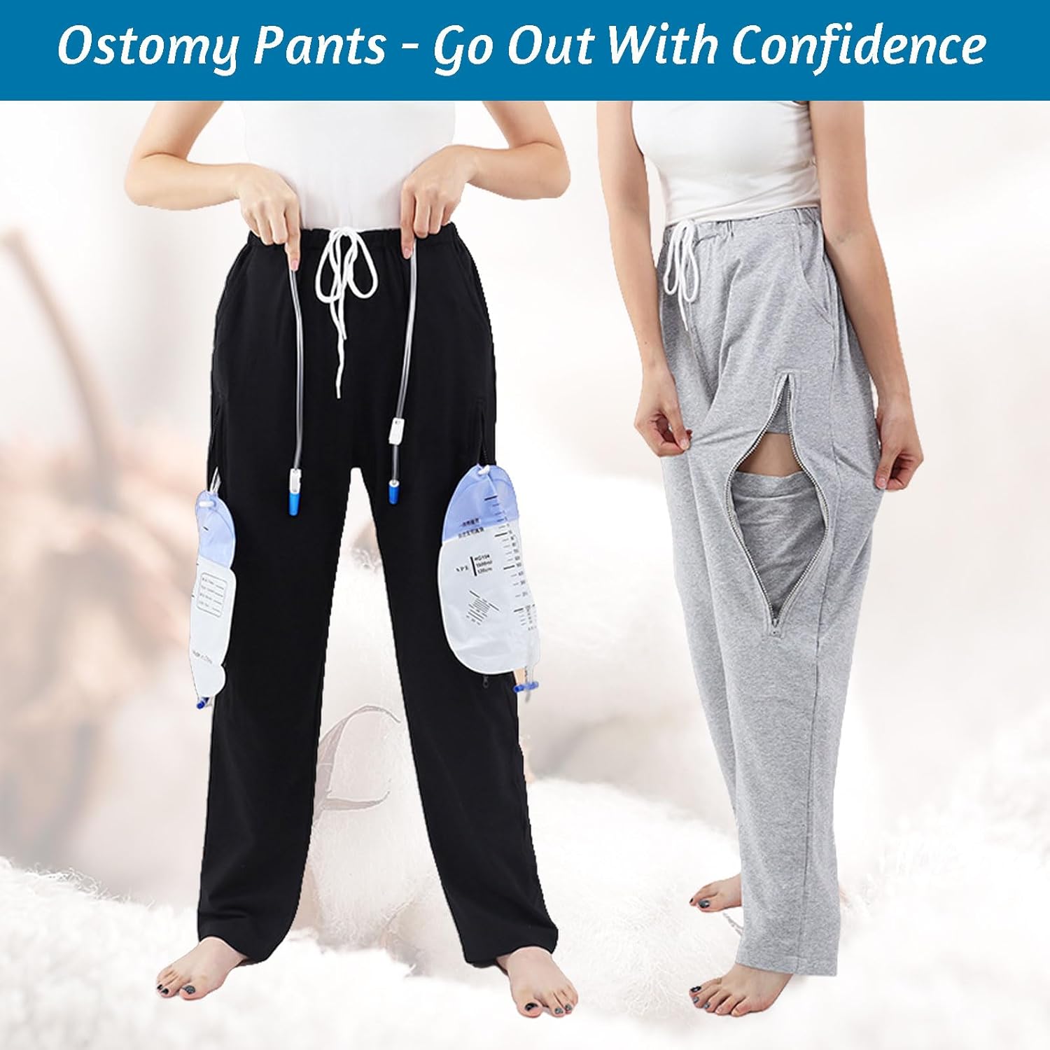 Urine Bag Holder Pants for Men Women with Double Zippered Pockets Incontinence Catheter Ostomy Drainage Bag Hidden Pocket 2000ml(Grey,3XL) - Image 2