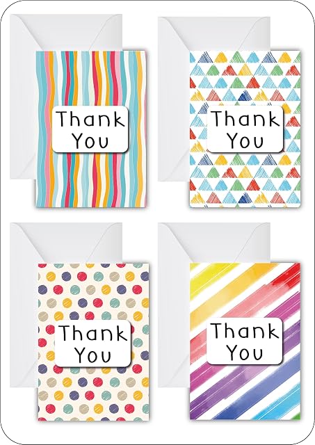 Pack of 20 Charity Thank-You Cards and Envelopes. Geometric Designs. Made in The UK by Greetingles