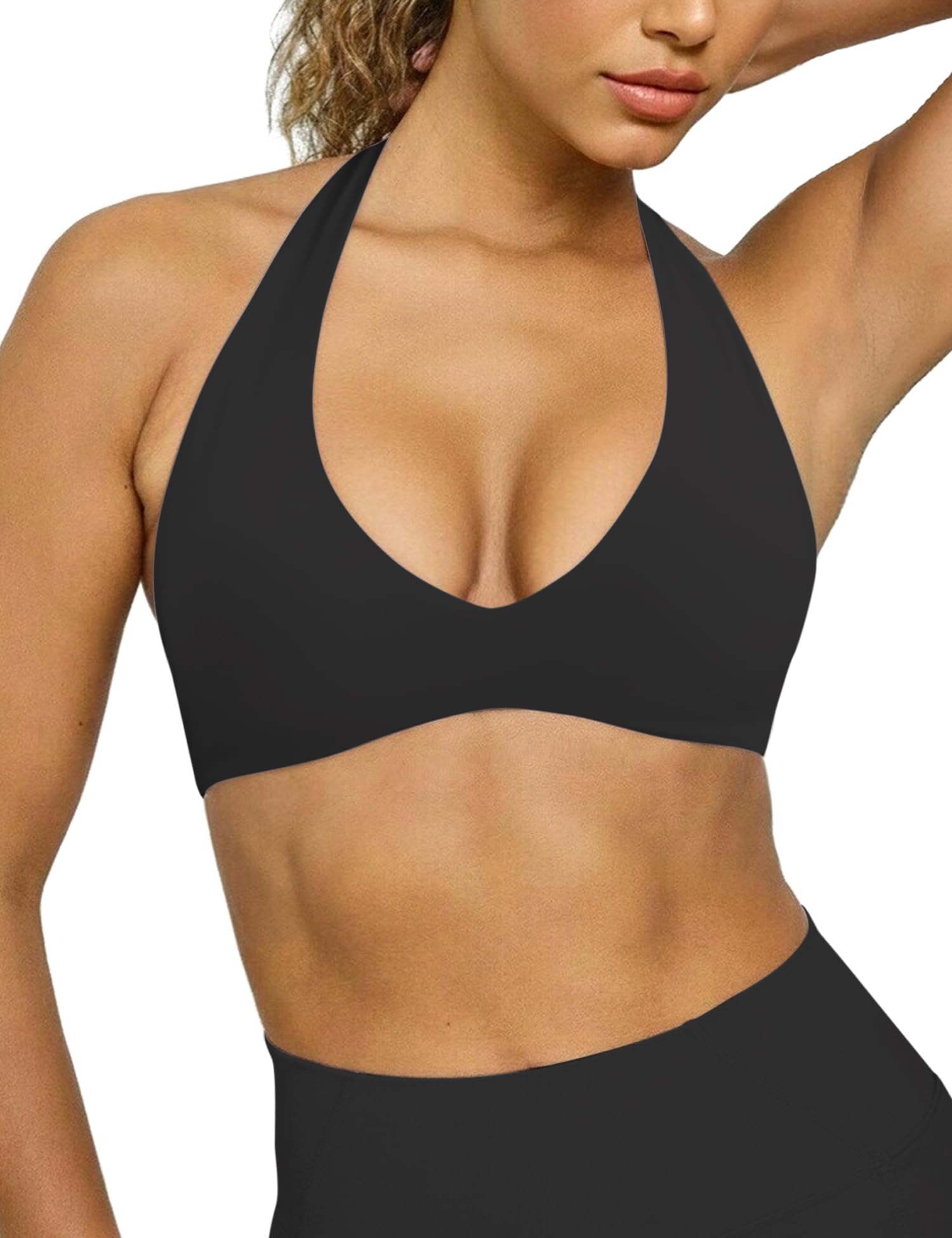 Halter Sports Bras for Women Minimal Deep V Neck Open Back Wireless Workout Gym Yoga Bra