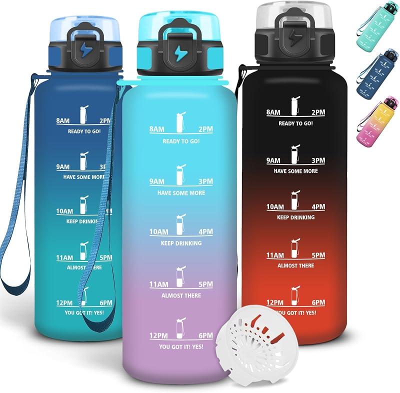 Grsta Gourde 1,5l, Anti Fuite Gourde Sport, Gourdes Graduée pour 1 Journee, Verrou de Sécurité, Avec Marqueur de Temps, Bouteille Motivation avec Filtre pour Plein Air, Cyclisme, Camping