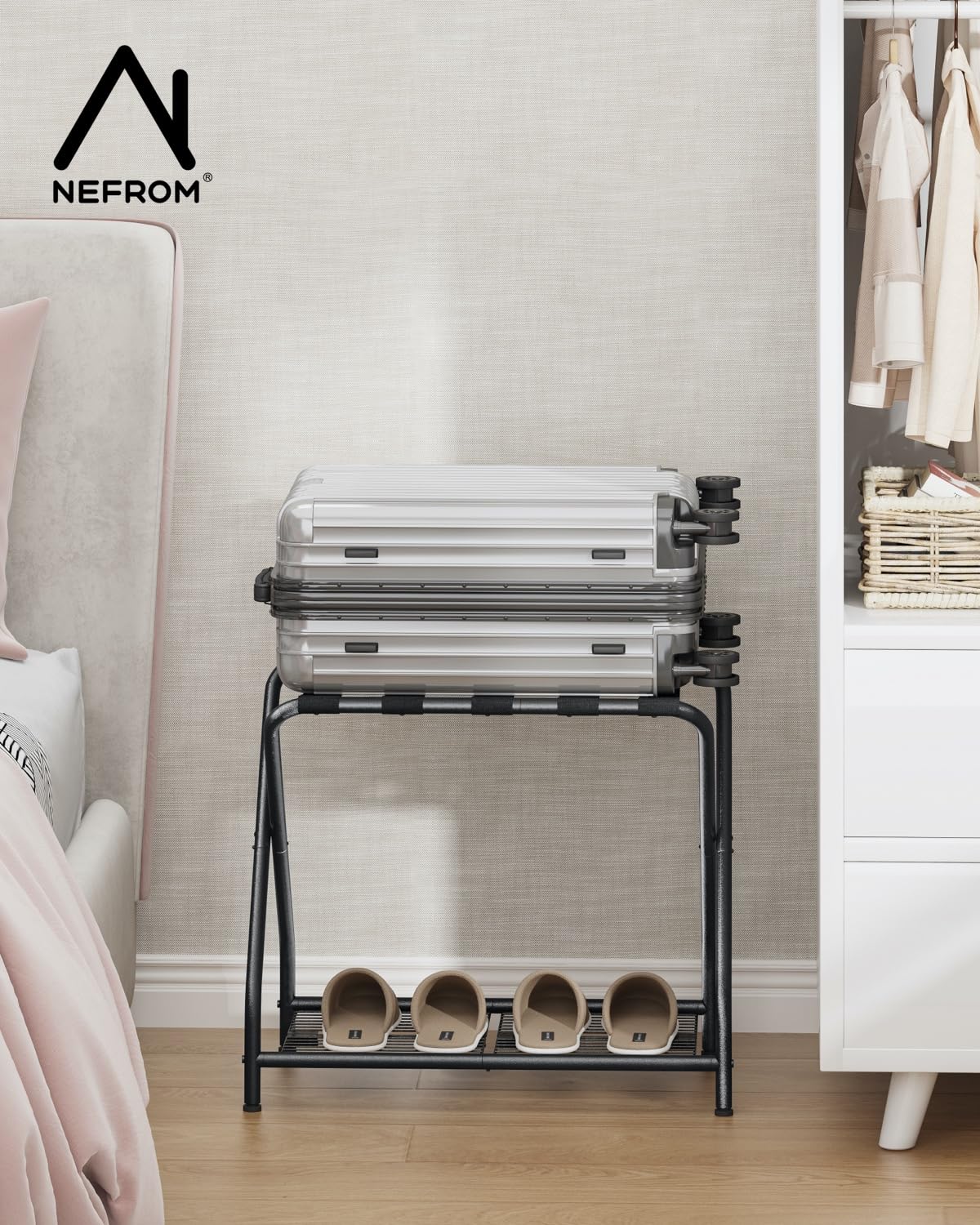 Portaequipajes, soporte para maleta con estante de almacenamiento, soporte de equipaje de metal plegable para habitación de invitados, dormitorio, hotel LR-BK-1