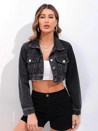 Women's Jean Jacket Button Down Cropped Distressed Frayed Denim Jacket Coat