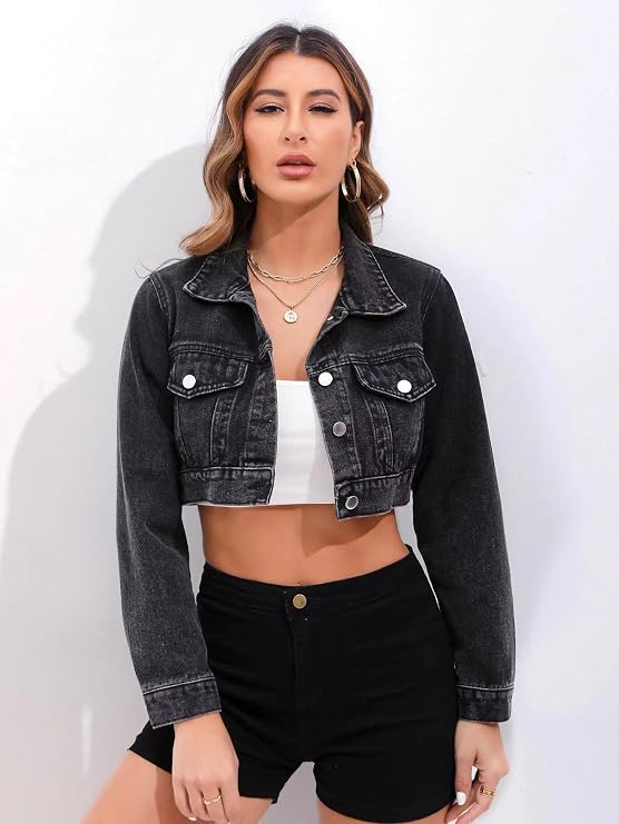 Women's Jean Jacket Button Down Cropped Distressed Frayed Denim Jacket Coat