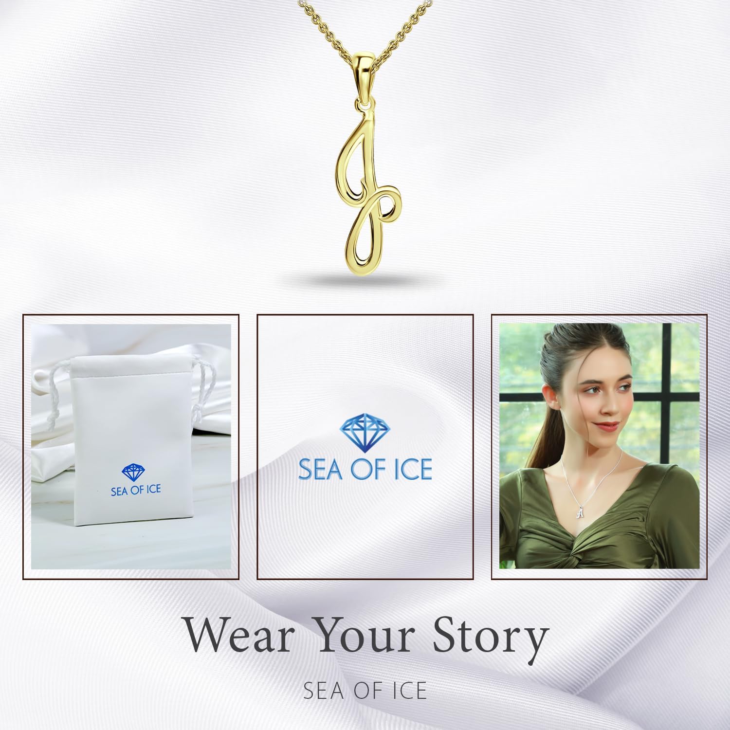 SEA OF ICE Letter Initial Necklace, Alphabet Letter Pendant Necklace, Sterling Silver, Gold, Rose Gold Necklace for Women, Elegant Initial Necklaces, Personalized Custom Women's Necklaces