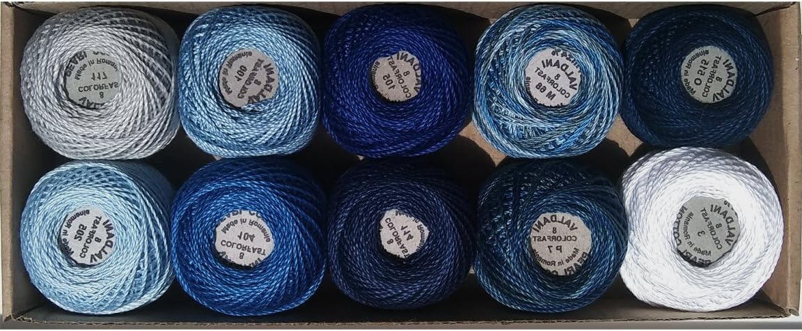 Valdani Perle Cotton Size 8 Embroidery Thread ''Sashiko Blues'' Sampler Set - 10 Colors, 73 Yards Each
