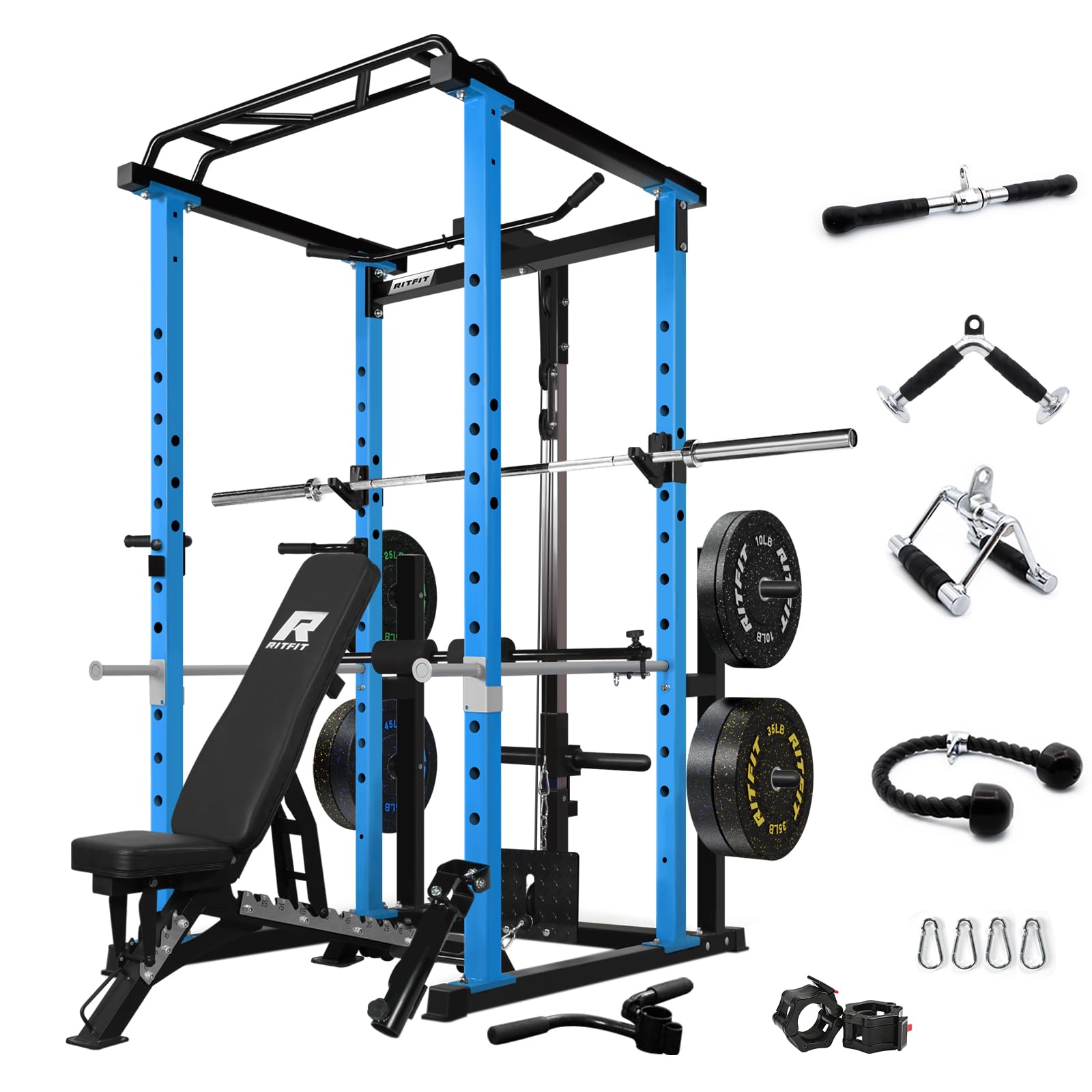 RitFit Power Cage with Optional LAT PullDown/Cable Crossover/Smith Machine System, 1000LB Squat Rack for Home & Garage Gym, with Weight Storage Rack and More Training Attachments, ASTM-Certified