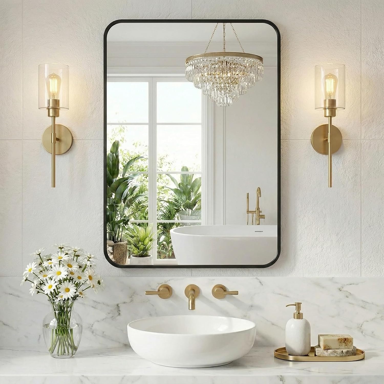 NEWBULIG 30X48 Inch Bathroom Mirror, Rectangle Wall Mirror with Rounded Corners, Gold Vanity Mirrors for Bathroom Sink with Metal Frame
