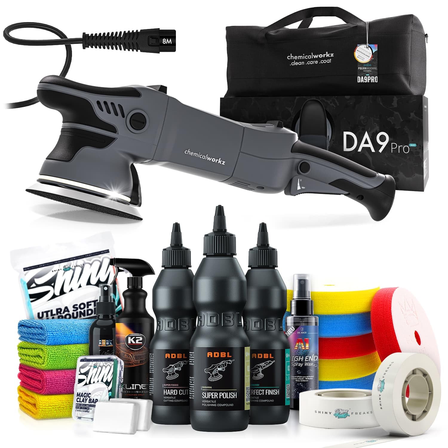 Poliermaschinen Set: chemicalworkz DA9 Pro Max Exzenter Poliermaschine + ADBL Politur Set + Royal Pads Premium Polierpads + Dr. Wack Versiegelung für Lack + Zubehör | 20-teilig