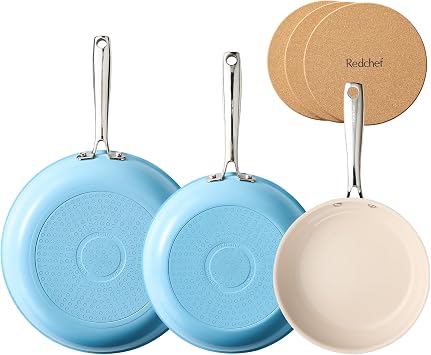 Redchef Ceramic Nonstick Frying Pan Set, Ceramic Skillets with Stay-Cool Stainless Steel Handles, Induction Compatible, PFAS PFOA PTFE Free, Oven Safe, 3 Cork Protective Pads, Sea Salt Blue8+9.5+11"