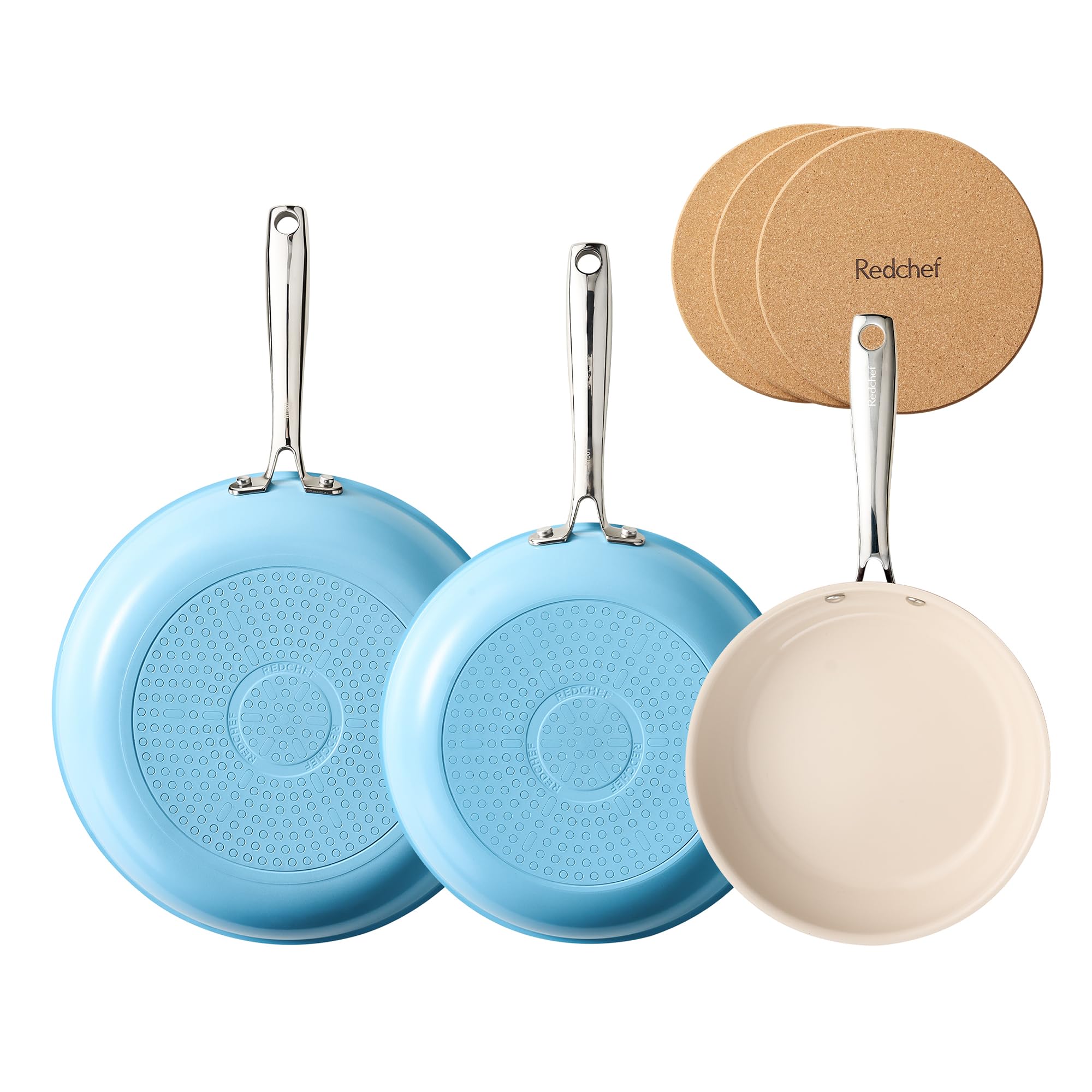 Redchef Non Stick Ceramic Frying Pan Set, 20/24/28cm (8/9.5/11in), Stainless Steel Handles, Induction Compatible, PFAS Free, Oven Safe, 3 Cork Pads – Sea Salt Blue