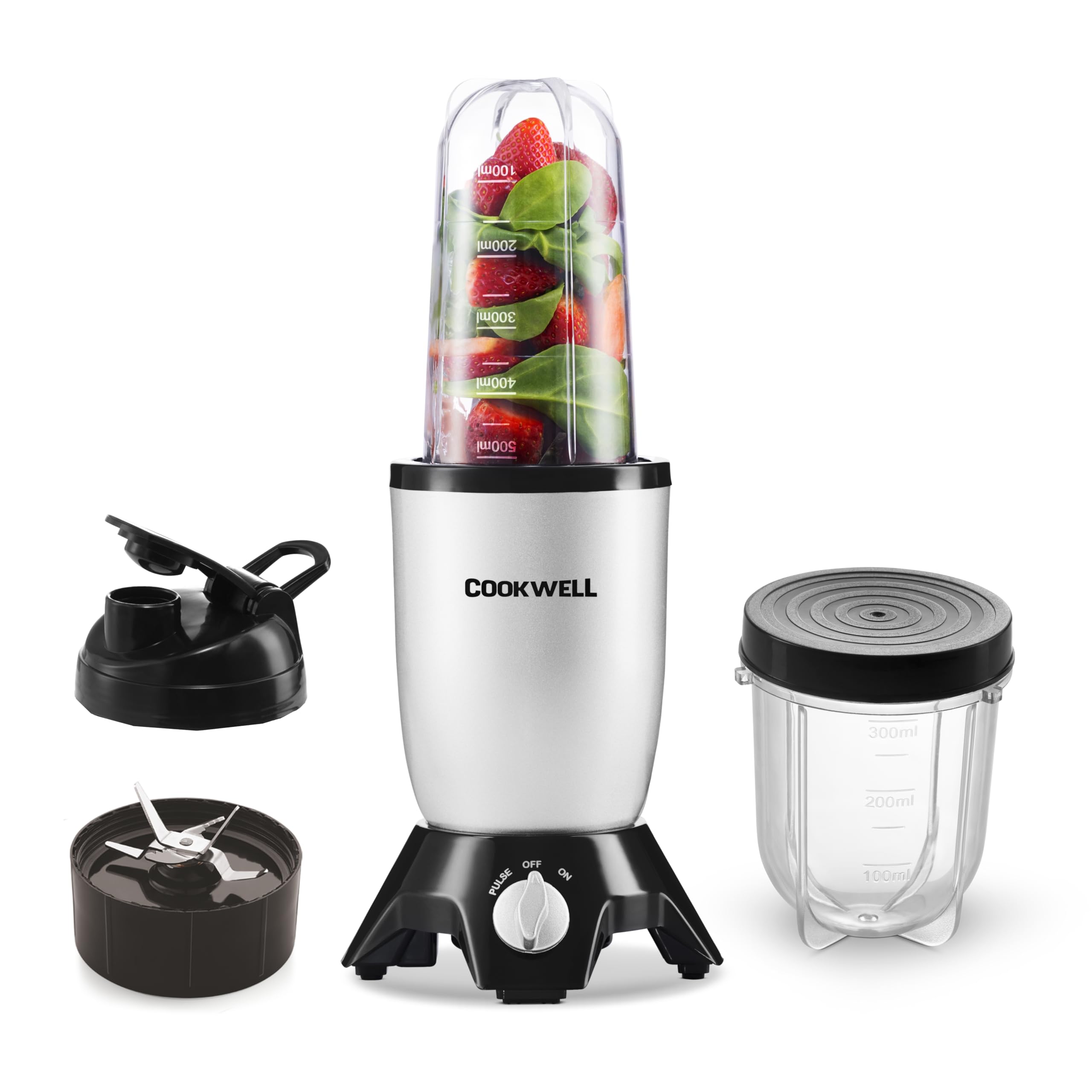 Cookwell Bullet Mixer Grinder (2 Jars, 1 Blade, Silver) - Copper, 600 Watts - 2 Year Warranty