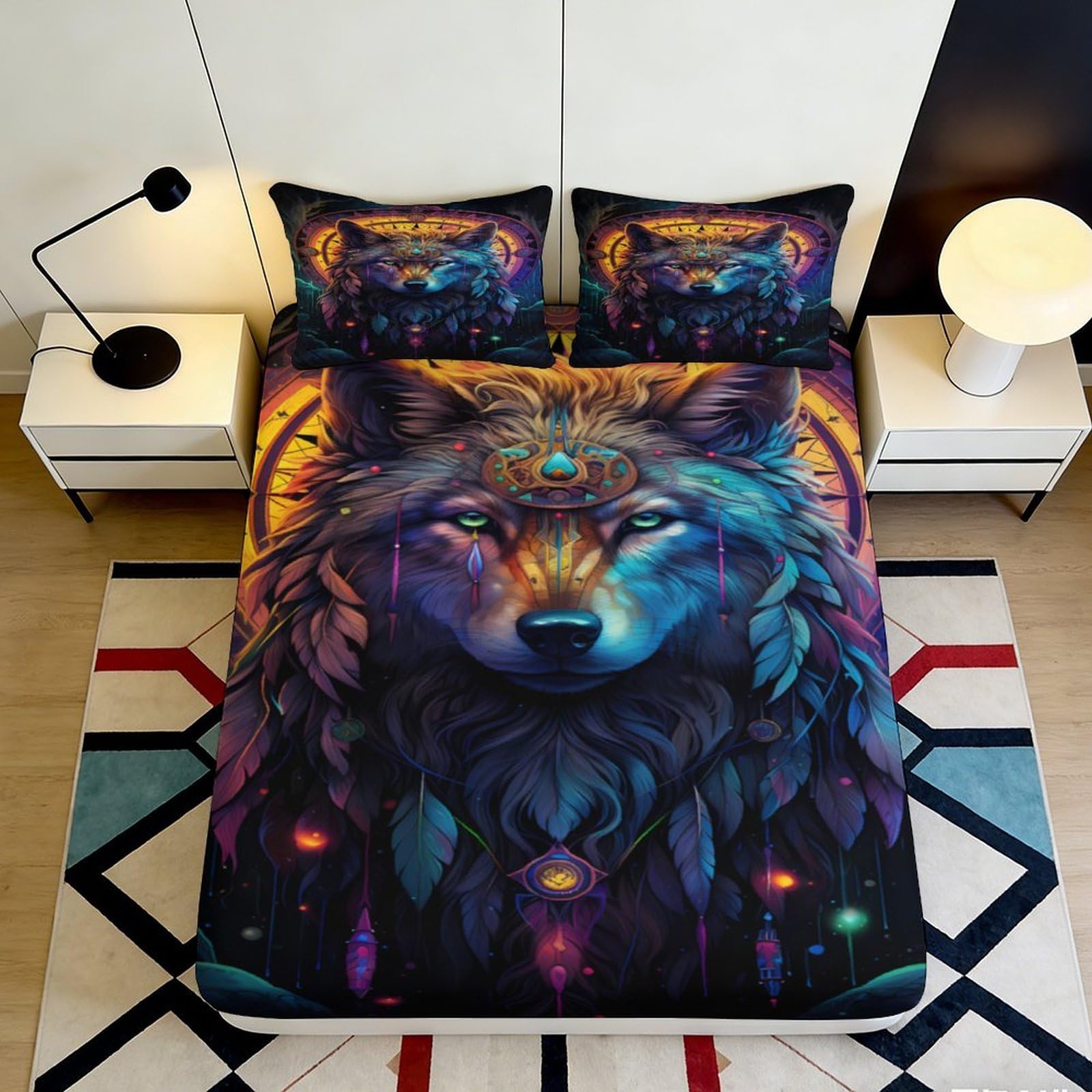 3D Printed Mystic Wolf Fitted Sheet Microfiber Soft Breathable Dreamcatcher Bed Cover for Bedroom Dorm Youth Mattress Decor 90x200x25cm