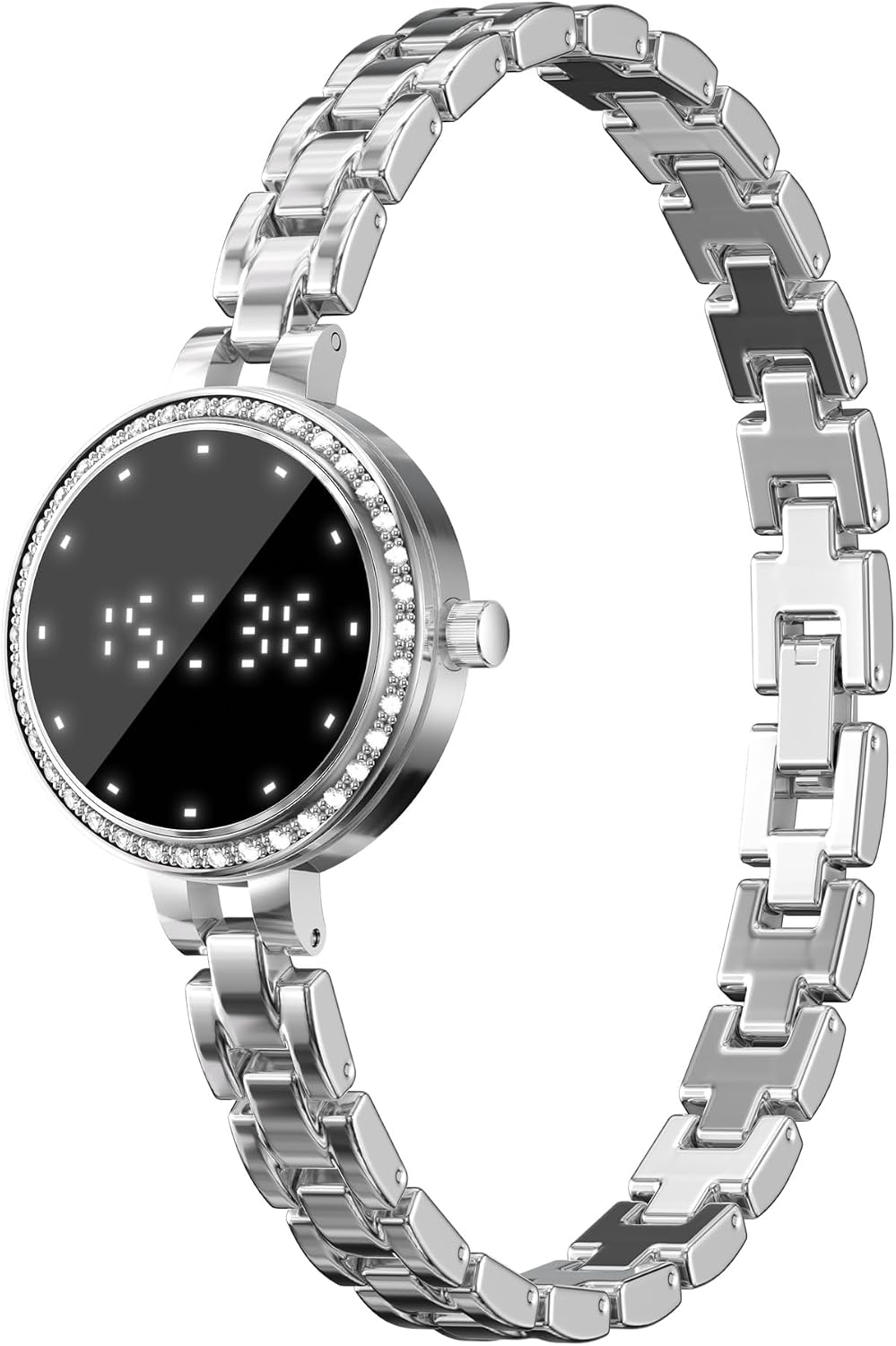 Women's LED Digital Bracelet Watch, Round Dial with Crystal Rhinestone Bezel, Heart Rate and Blood Oxygen Monitoring, Sleep Tracking, Rose Gold and Silver (L6 - Silver)