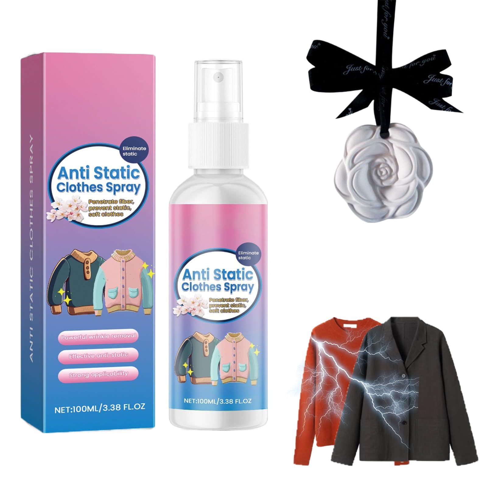 Antystatyczny spray na ubrania, tekstylia, meble i samochód, redukuje ładunek statyczny, z woreczkiem zapachowym, 100 ml