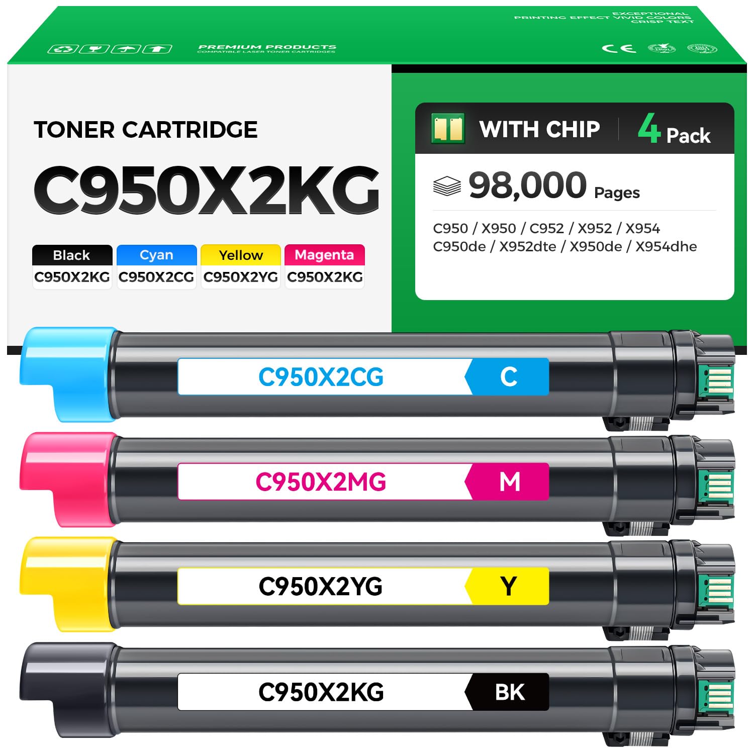 C950X2KG C950X2CG C950X2MG C950X2YG Toner Cartridge Set 4-Pack Replacement Compatible with Lexmark C950 X950 C952 X952 X954 C950de X952dte X950de X954dhe Laser Printer Ink Black Cyan Magenta Yellow