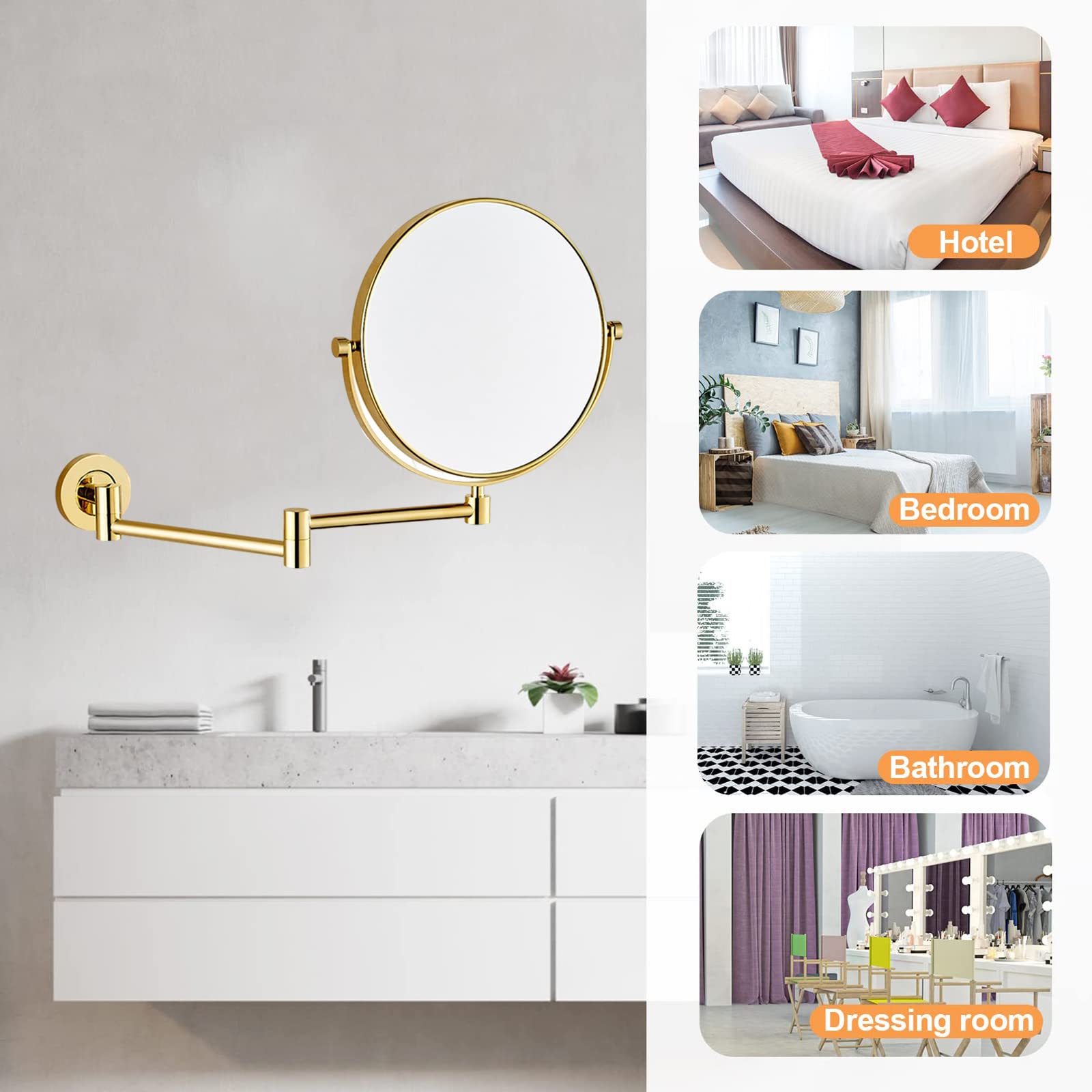 Espejo Maquillaje, 360 Rotación Espejo Aumento Pared Espejo Extensible Baño Espejo Cosmetico Doble Cara Espejo Ducha 8 Pulgadas Espejo de Afeitar Redondo, Fácil de Instalar