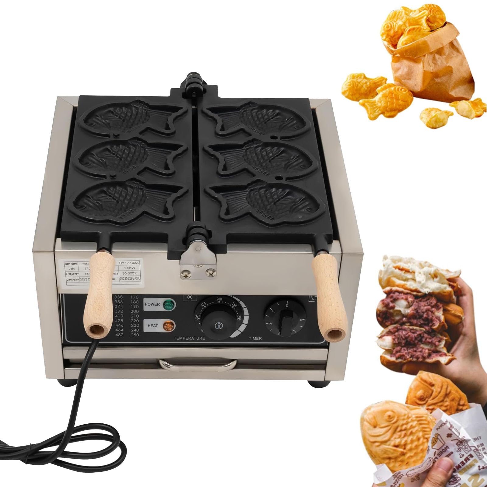 Elektryczna gofrownica do gofrów Taiyaki, 1400 W, 3 sztuki, japońska, z powłoką zapobiegającą przywieraniu, dwustronna, grzanie 180°, obrotowa gofrownica do restauracji i barów szybkiej obsługi