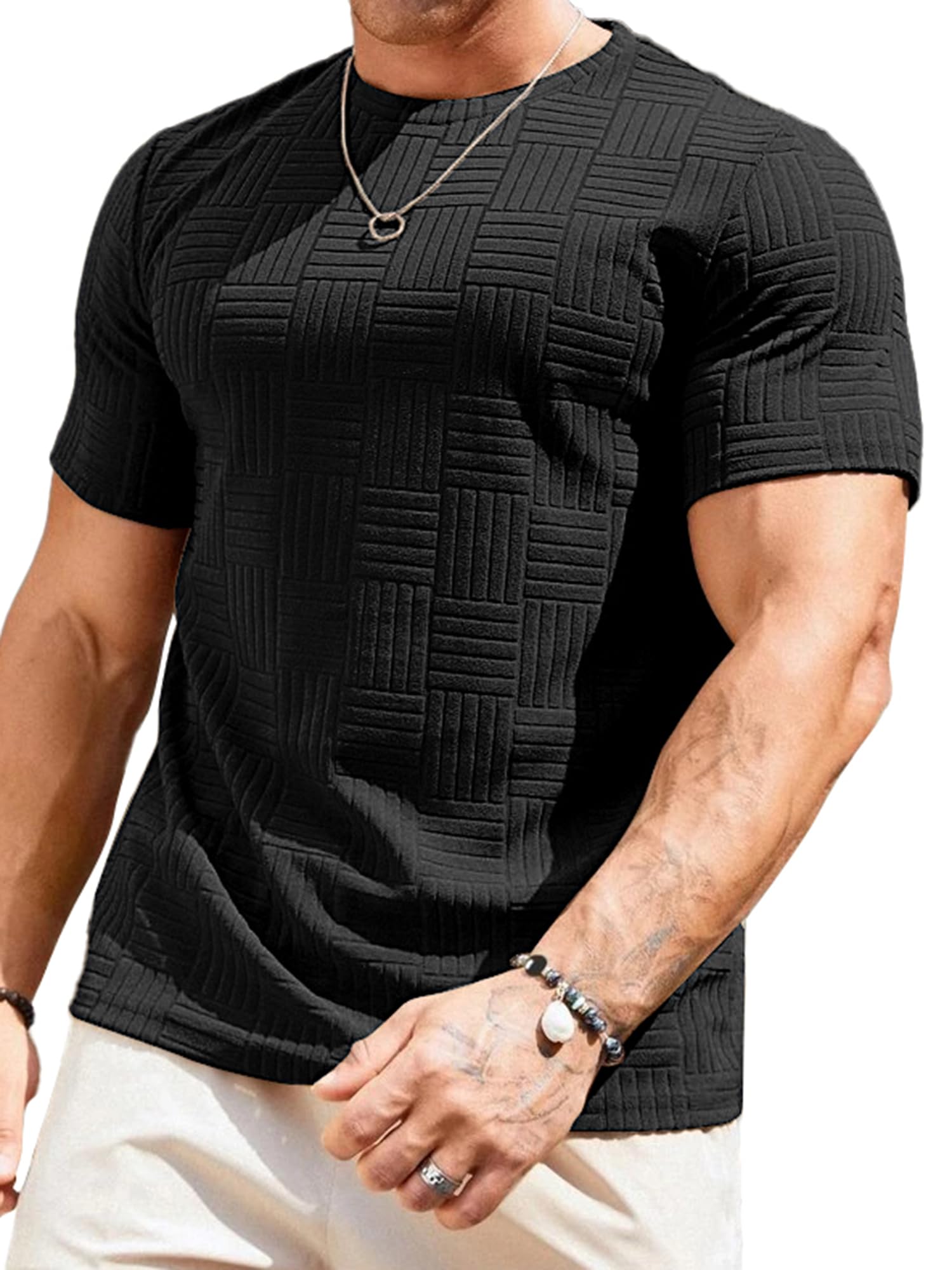 JMIERR Mens T-Shirt Casual Stretch Solid Crewneck Short Sleeve Tees Textured Shirts