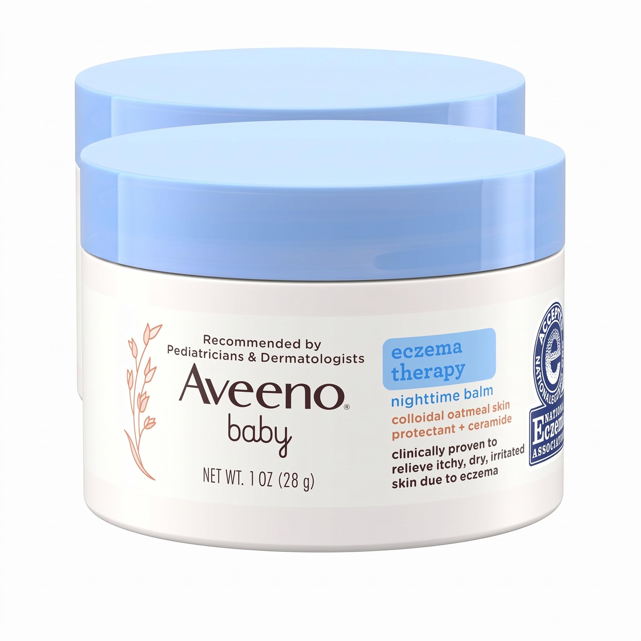 Aveeno Baby Eczema Therapy Nighttime Moisturizing Balm, Colloidal Oatmeal &amp; Ceramide, Soothes &amp; Relieves Dry, Itchy Skin from Eczema, Hypoallergenic, Fragrance-Free, Travel Size, 1 oz (Pack of 2)