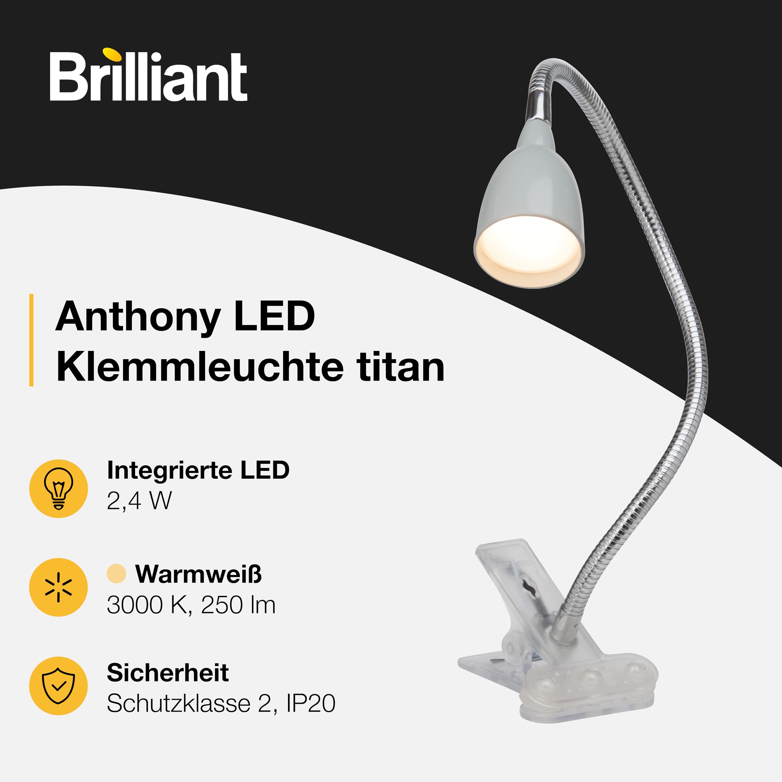 Brilliant Anthony LED lampa zaciskowa na biurko, 2,4 W, zintegrowana dioda LED, metal/tworzywo sztuczne, tytan G92936/11