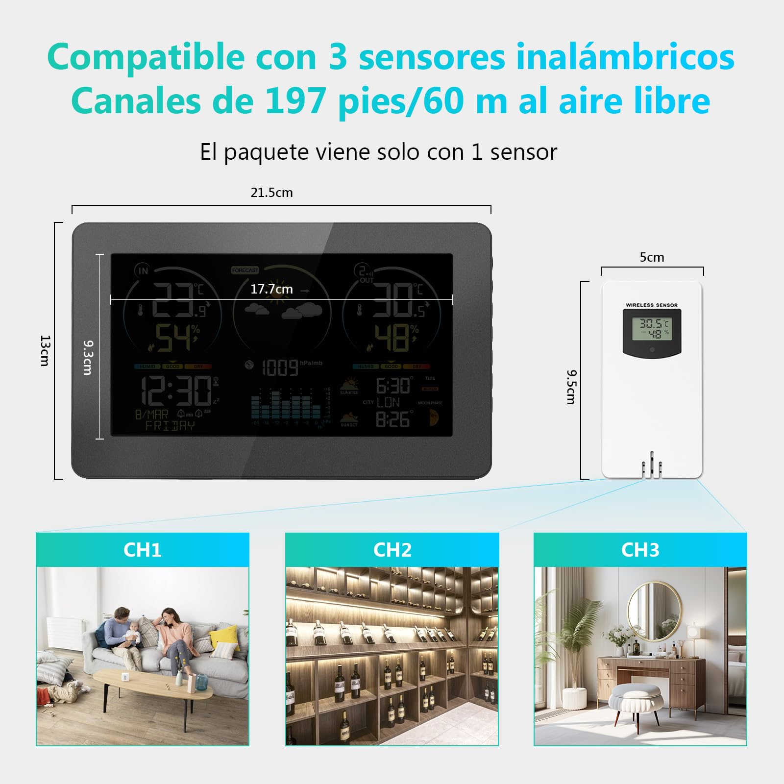 Estación meteorológica inalámbrica con sensor, termómetro higrómetro digital interior exterior, pantalla LCD a color, calendario de radio despertador DCF Snooze barómetro previsión meteorológica reloj — view 2
