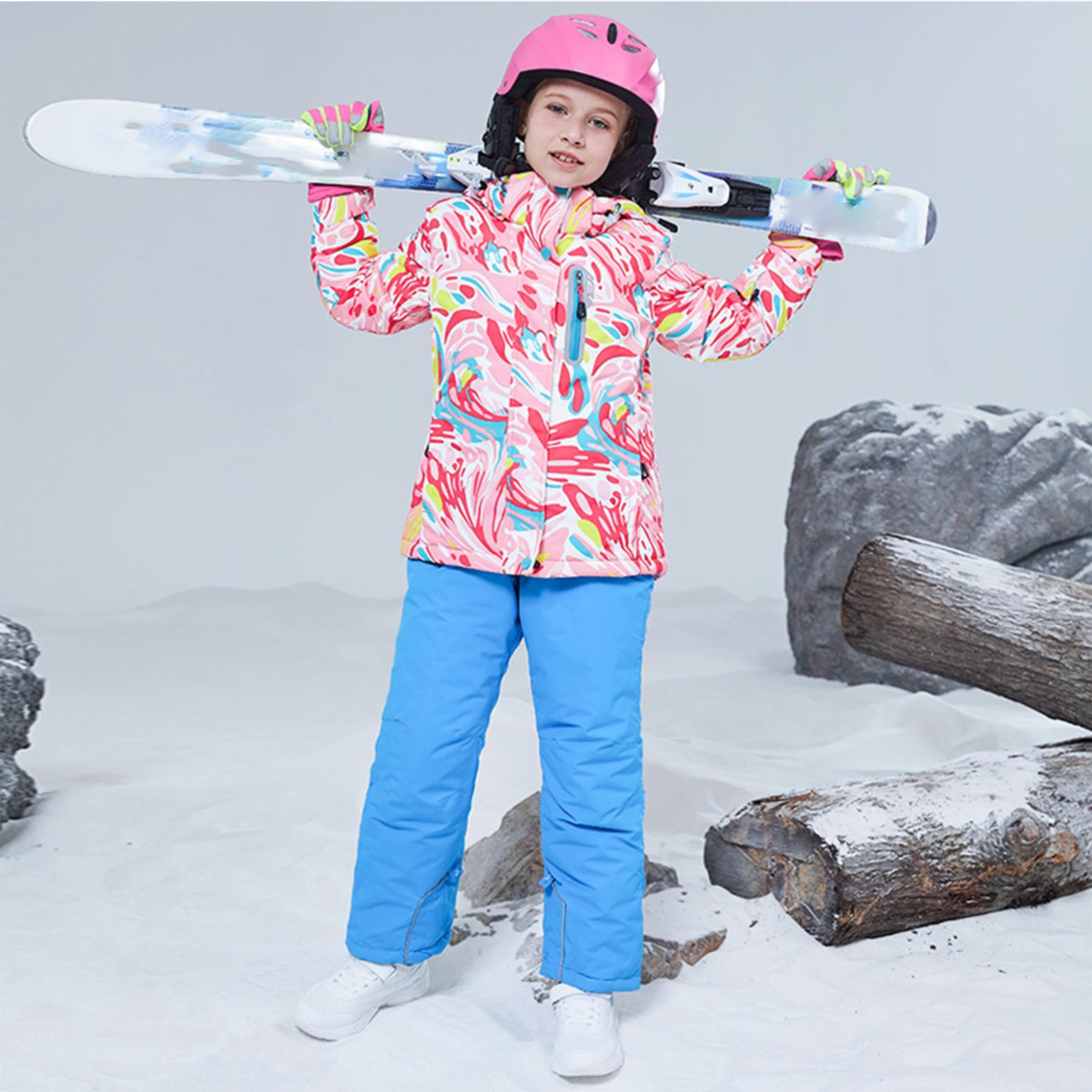 Conjunto de traje de esquí infantil de 2 piezas con capucha, traje de nieve impermeable a prueba de viento para niños y niñas, chaqueta de esquí cálida y pantalones de esquí, rosa brillante