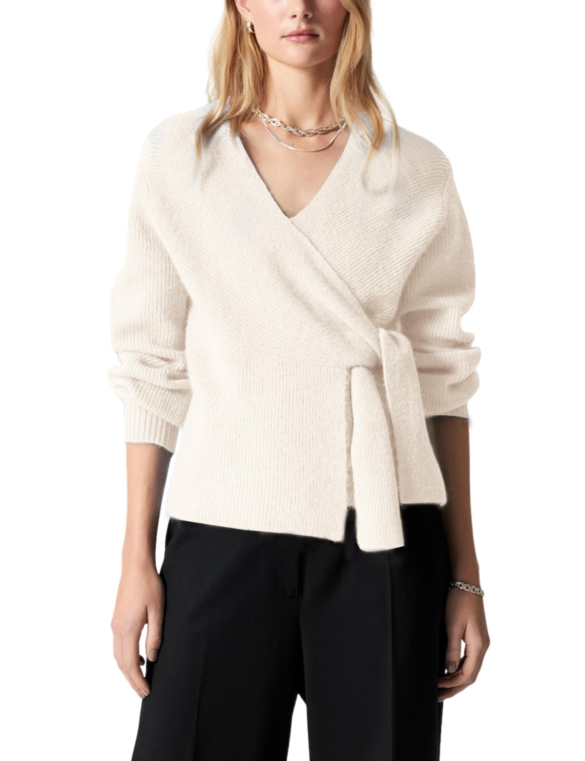 Womens Knitted Wrap Cardigan V-Neck Long Puff Sleeves with Self-Tie Belted Waist Sweater Tops