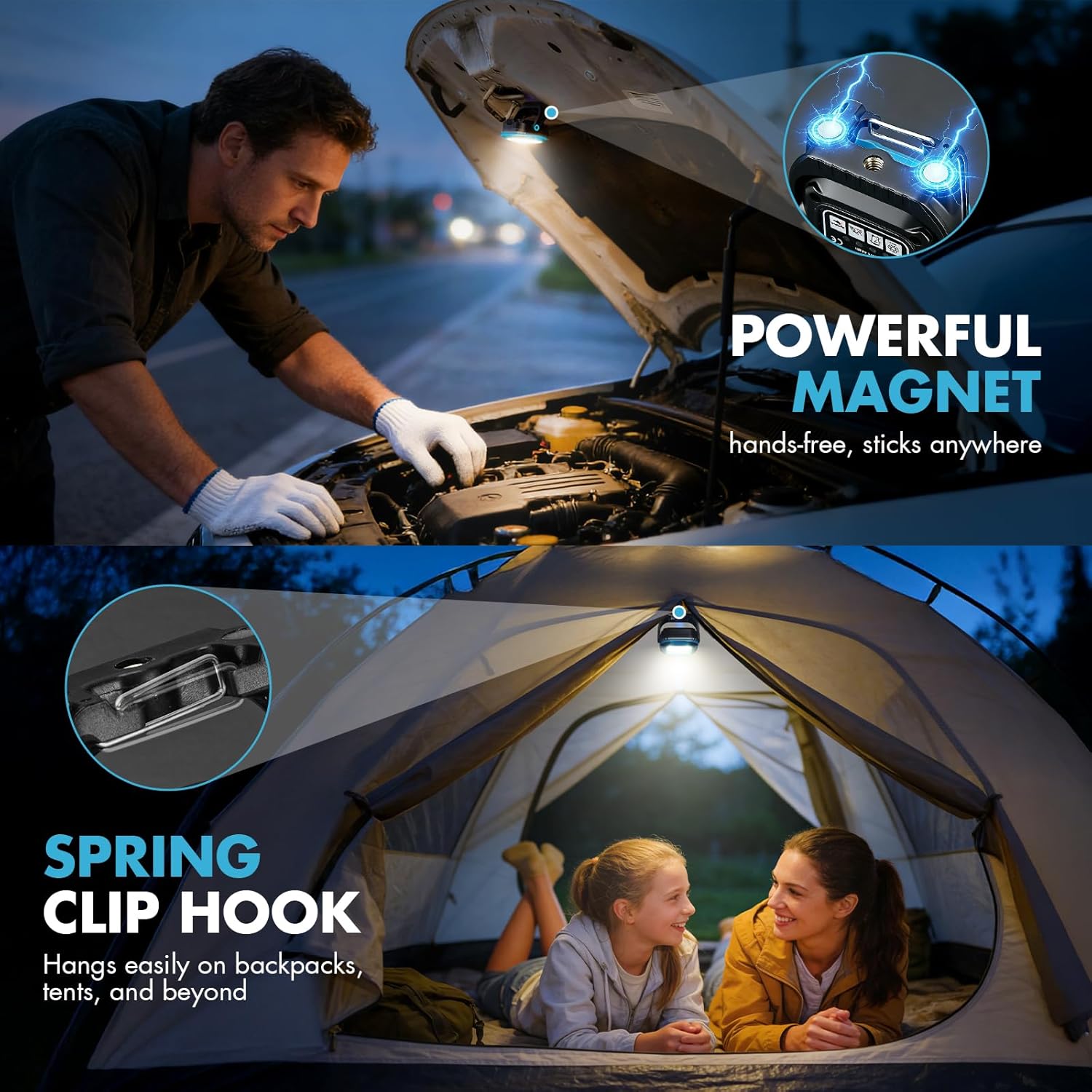 2 Pack Rechargeable Work Light, 1100LM Magnetic Light with Strong Magnet & Hook, IP65 Waterproof, 2.8oz Portable LED Work Light for Car Repair, Job Site Lighting, Emergency(Blue)