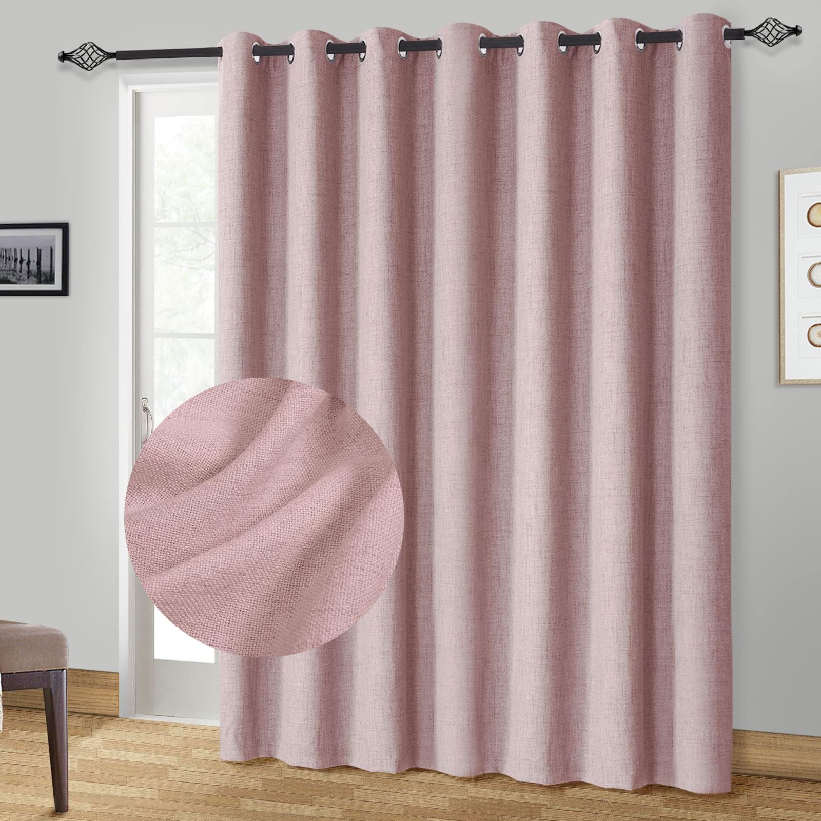 100% Blackout Sliding Door Curtains Patio Door Curtains Linen Textured Extra Wide Curtains 84 Inch Length Grommet Curtain Drapes for Living Room Curtain Panels(W100 x L84 1 Panel, Pink)